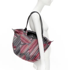 new LONGCHAMP La Pliage pink black geometric striped print nylon =-tote bag