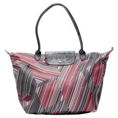 new LONGCHAMP La Pliage pink black geometric striped print nylon =-tote bag