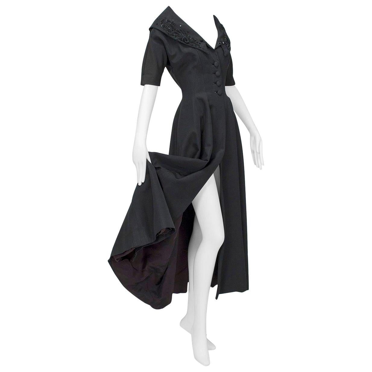 New Look Black Heavyweight Faille Beaded Portrait Collar Coat Dress - S, 1950s For Sale