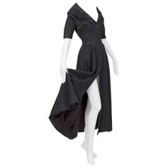 Vintage New Look Black Heavyweight Faille Beaded Portrait Collar Coat Dress - S, 1950s