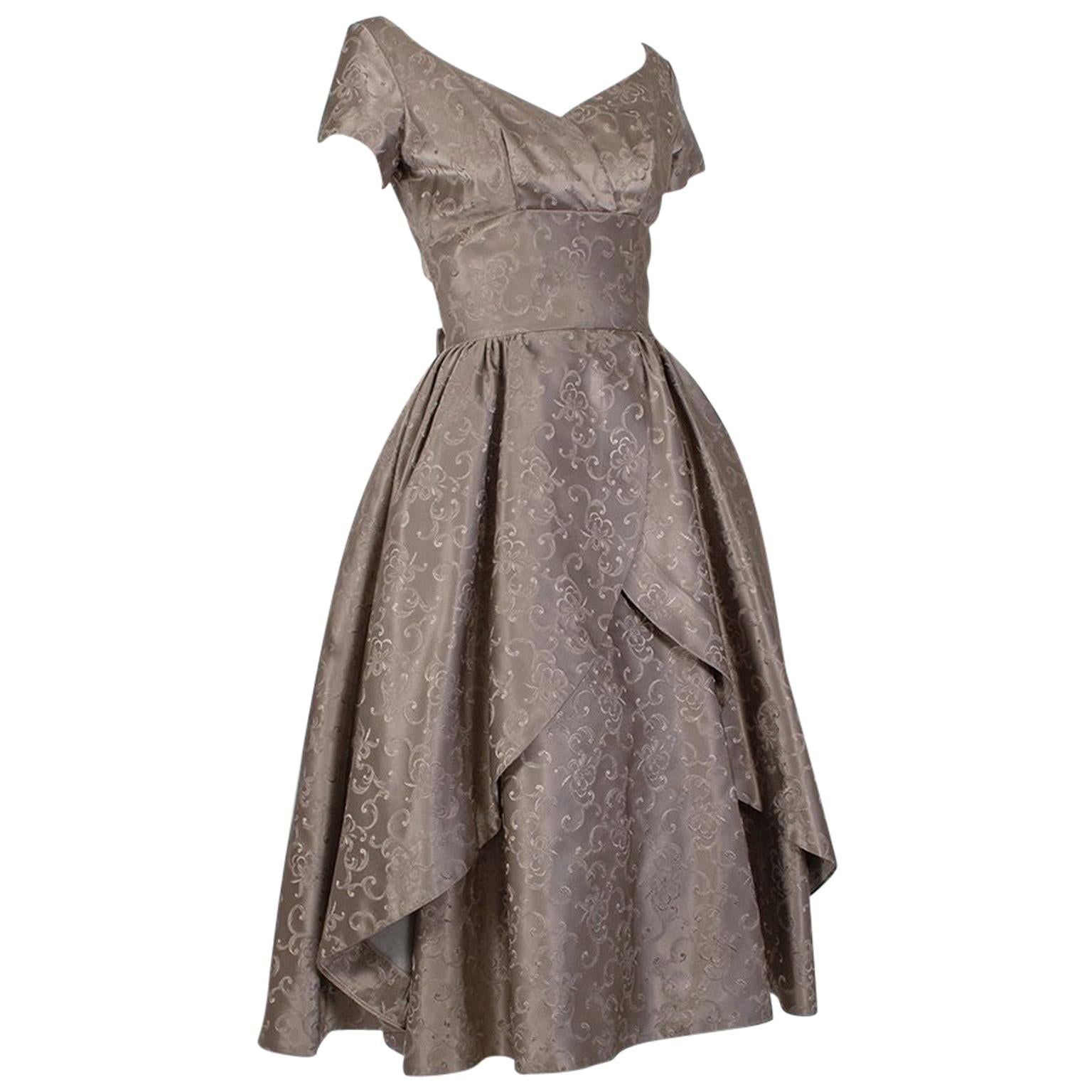 New Look Taupe Silk Sateen Jacquard Cutaway Decolletage Party Dress - S, 1950s For Sale