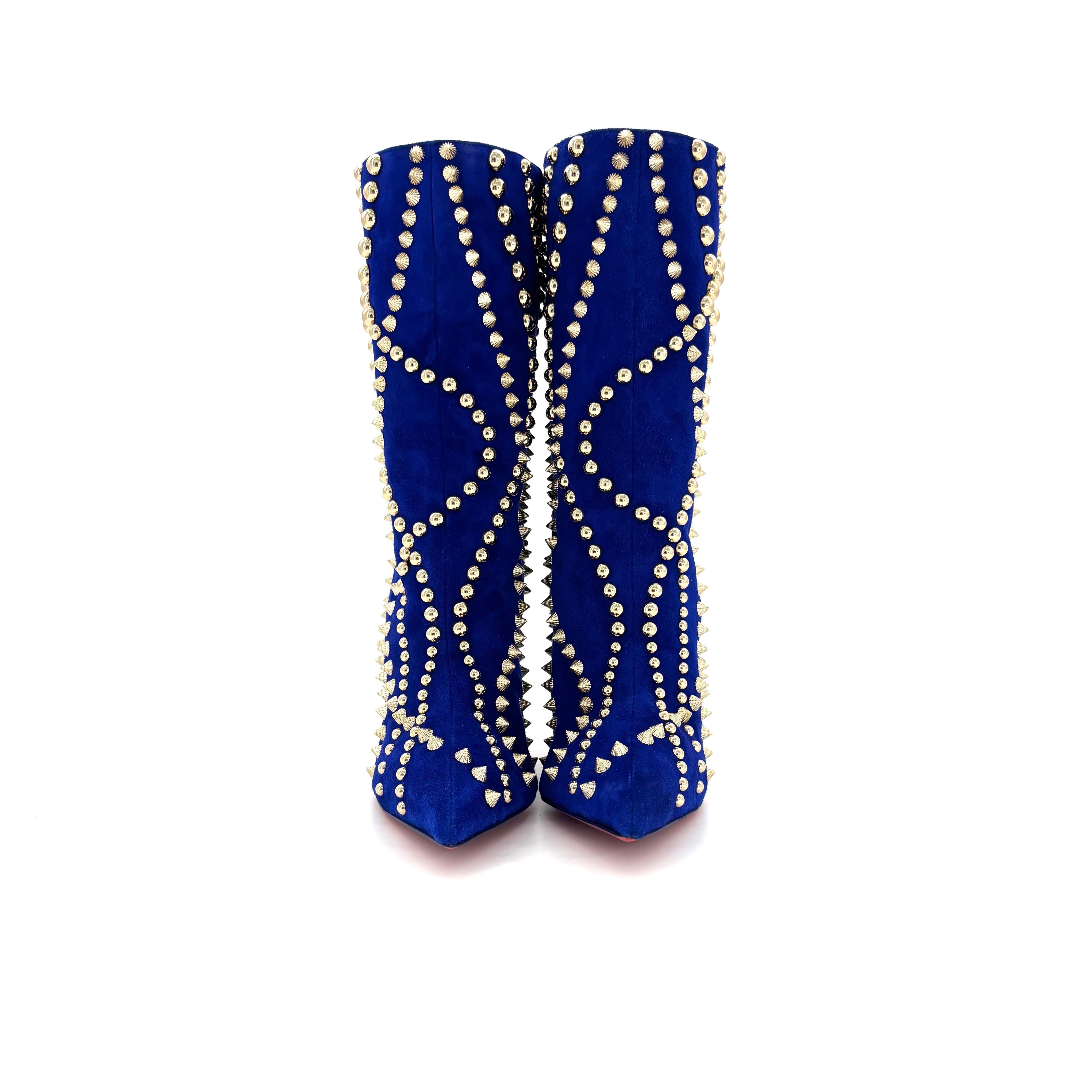 NEW Louboutin Astrilarge Botín Pika 100 Azul Gamuza Puntiagudo Botas 37.5 en venta 1
