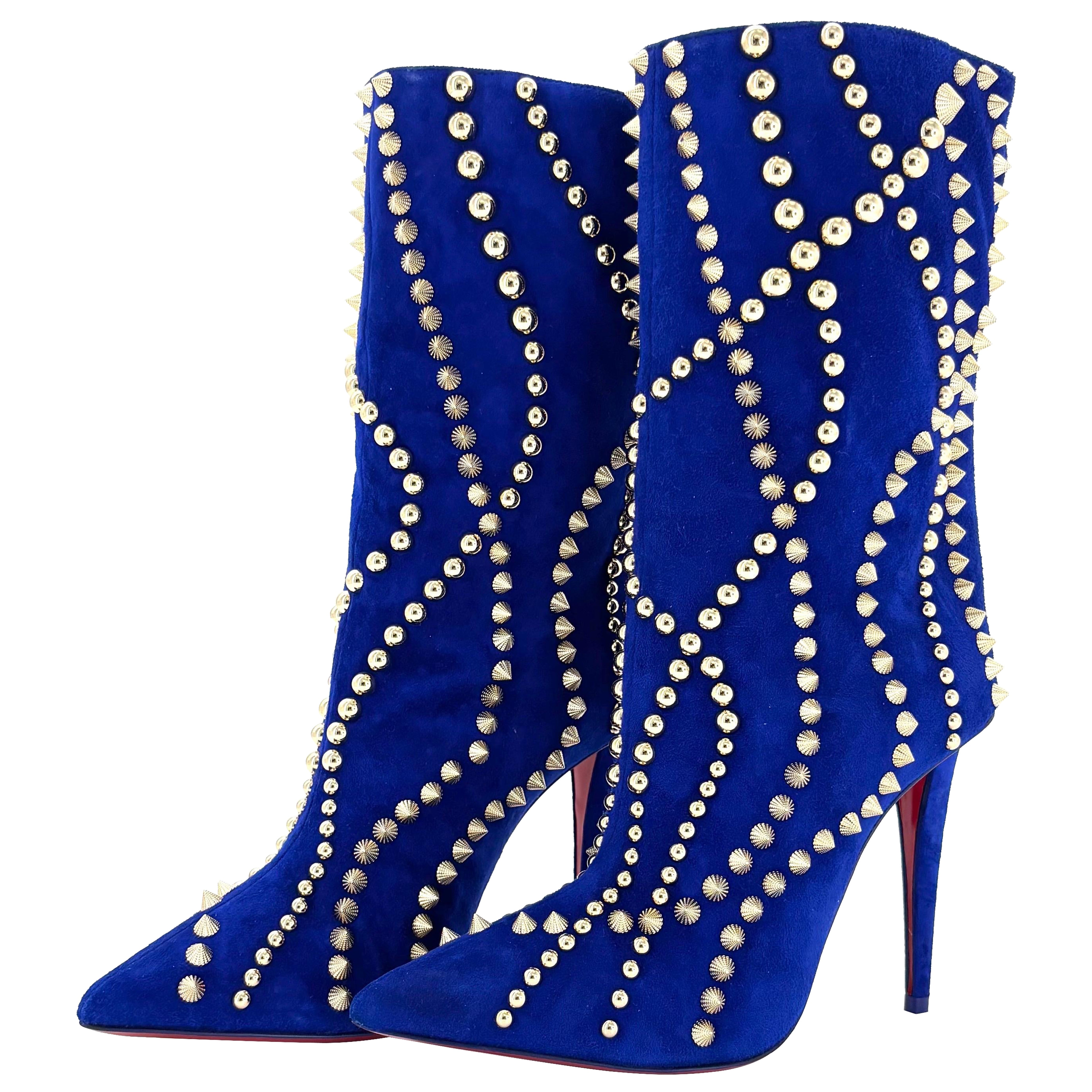 NEW Louboutin Astrilarge Booty Pika 100 Blue Suede Spiked Pointed Toe Boots 37.5