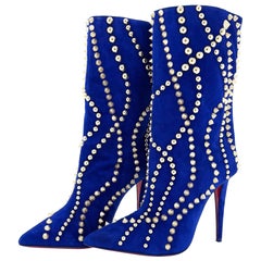 NEW Louboutin Astrilarge Booty Pika 100 Blue Suede Spiked Pointed Toe Boots 37.5