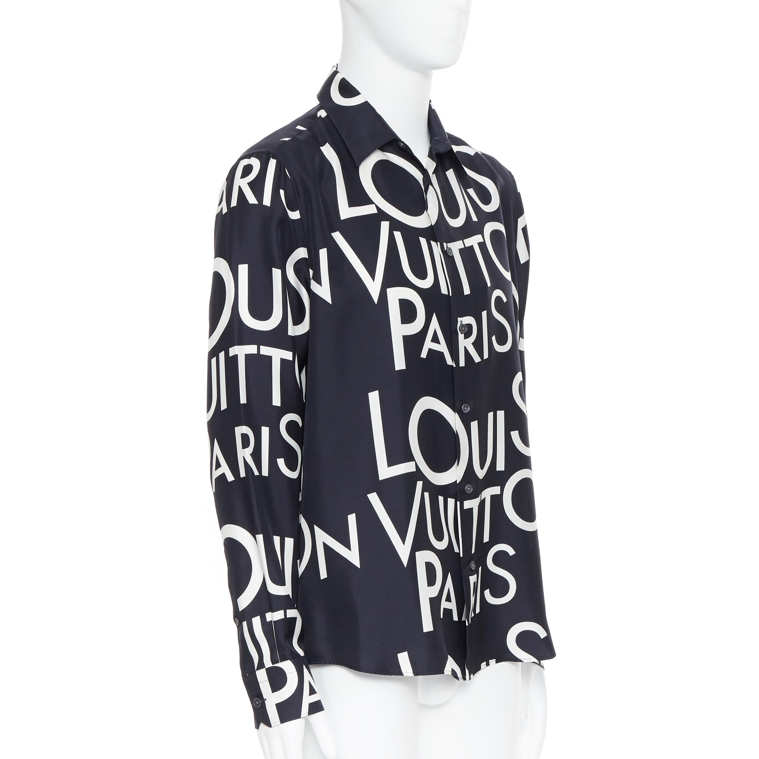 nuevo LOUIS VUITTON 100% seda negro blanco logotipo estampado tipografía camisa regular L Negro