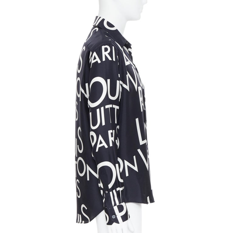 new LOUIS VUITTON 100% silk black white logo typography print regular shirt  L at 1stDibs