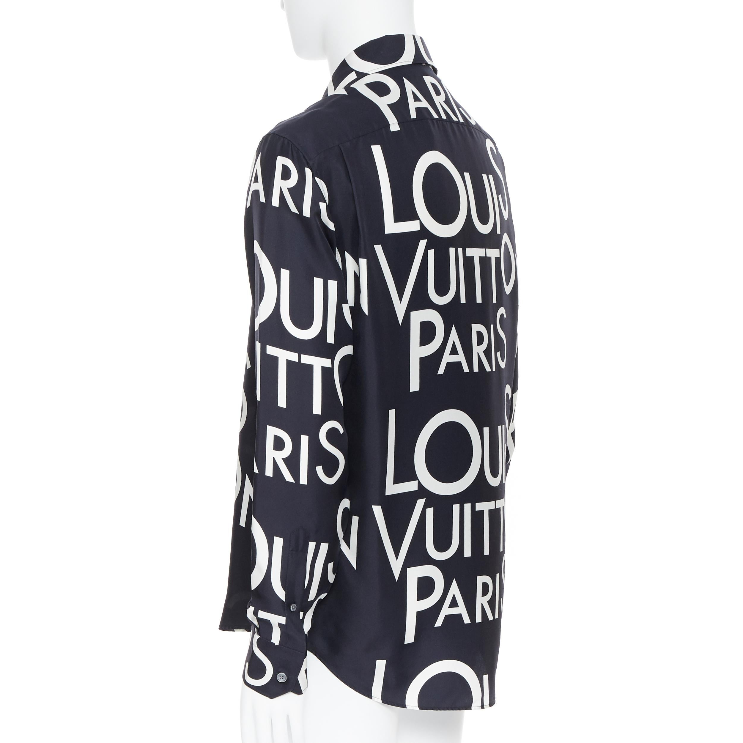 Black new LOUIS VUITTON 100% silk black white logo typography print regular shirt L