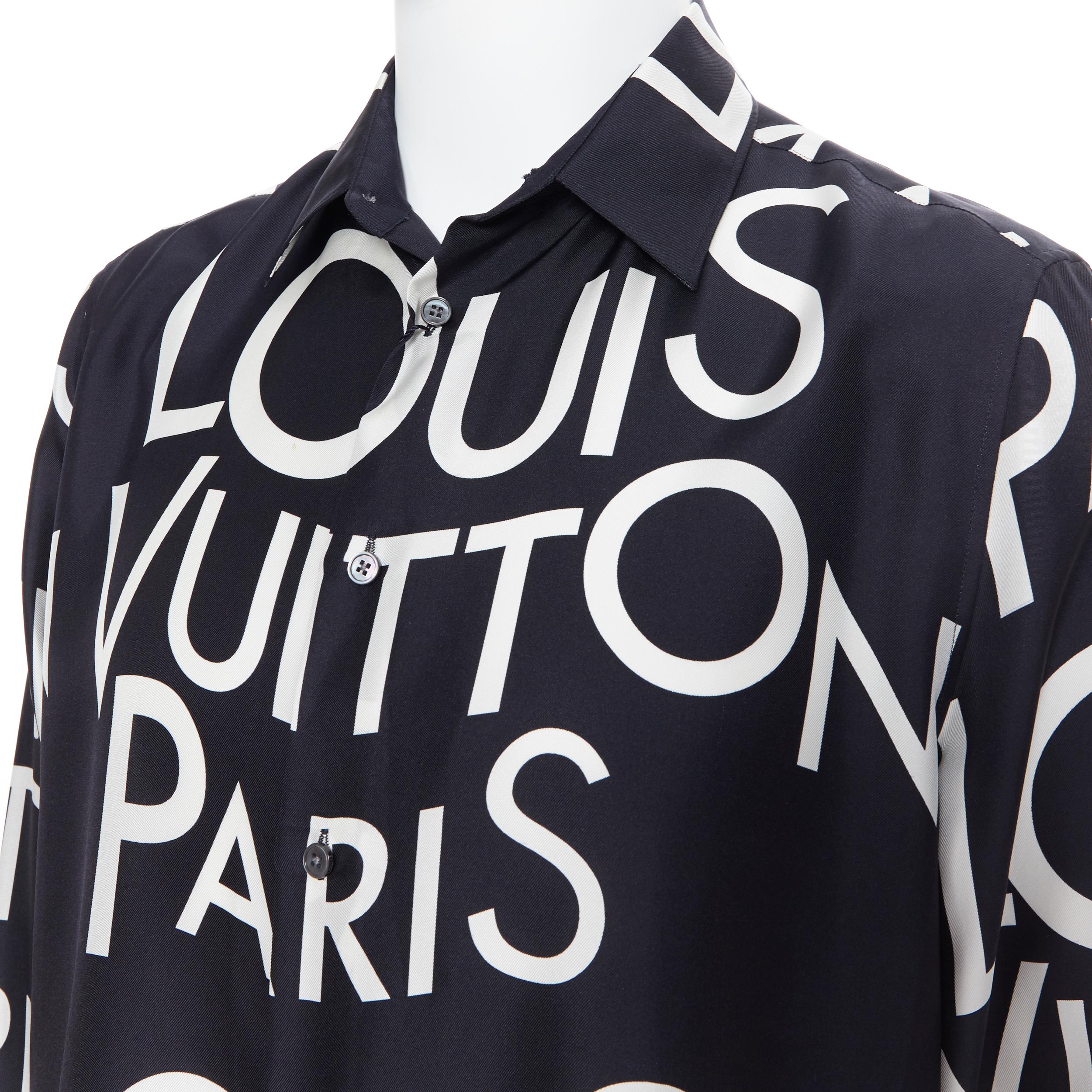 nuevo LOUIS VUITTON 100% seda negro blanco logotipo estampado tipografía camisa regular L 2