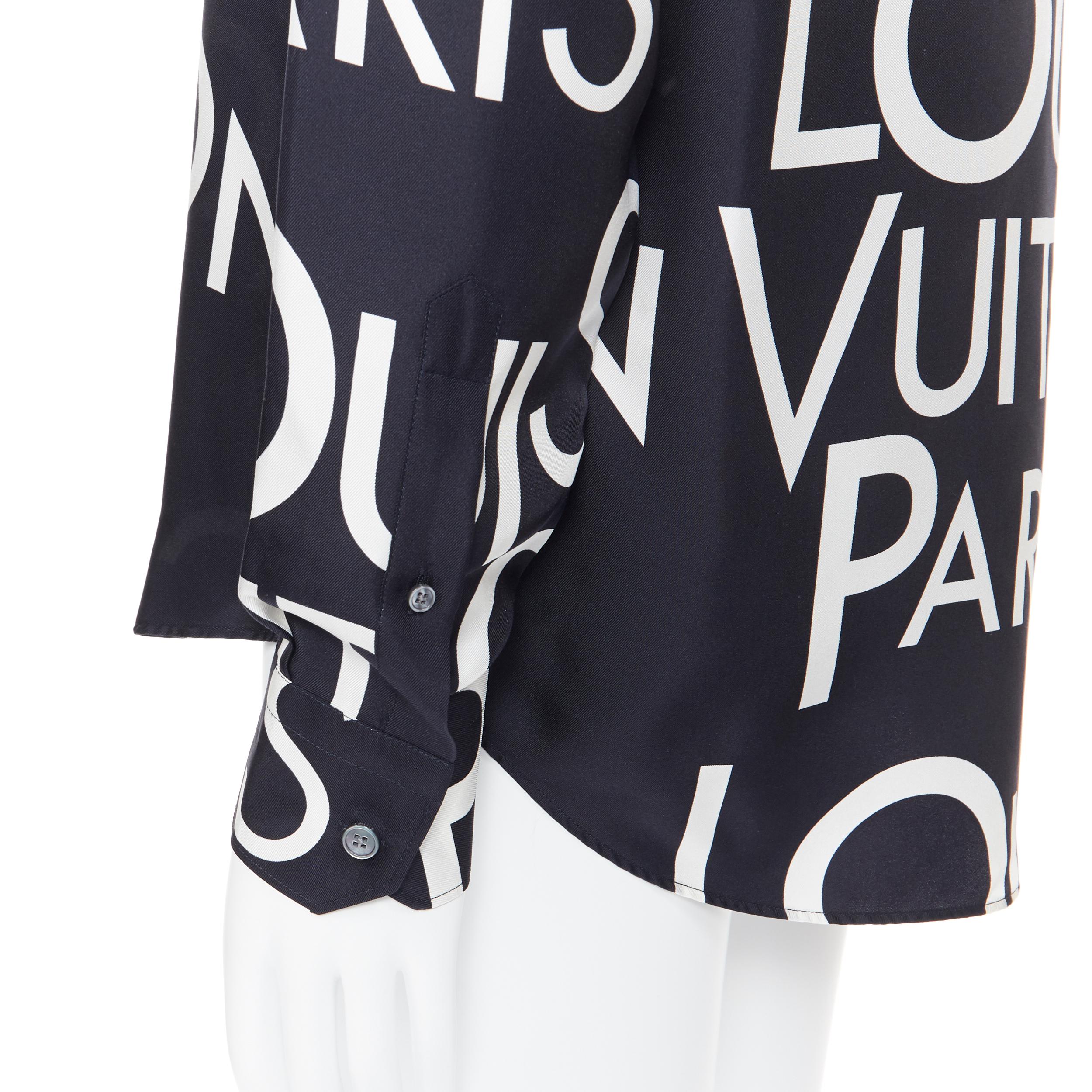 nuevo LOUIS VUITTON 100% seda negro blanco logotipo estampado tipografía camisa regular L 3