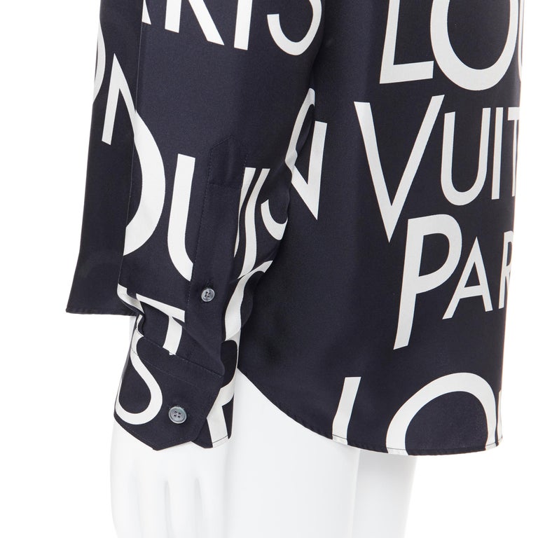 new LOUIS VUITTON 100% silk black white logo typography print regular shirt  L at 1stDibs