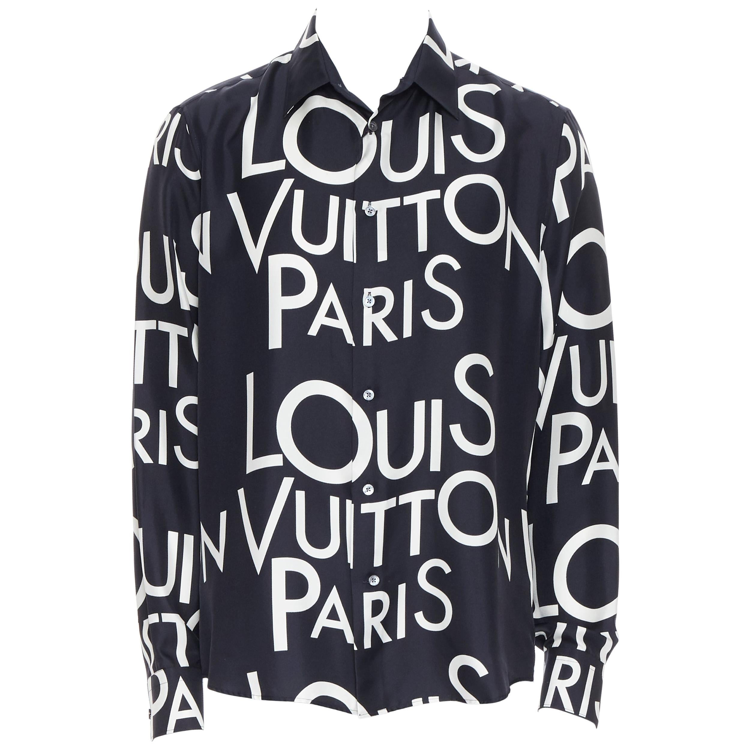 new LOUIS VUITTON 100% silk black white logo typography print regular shirt  L