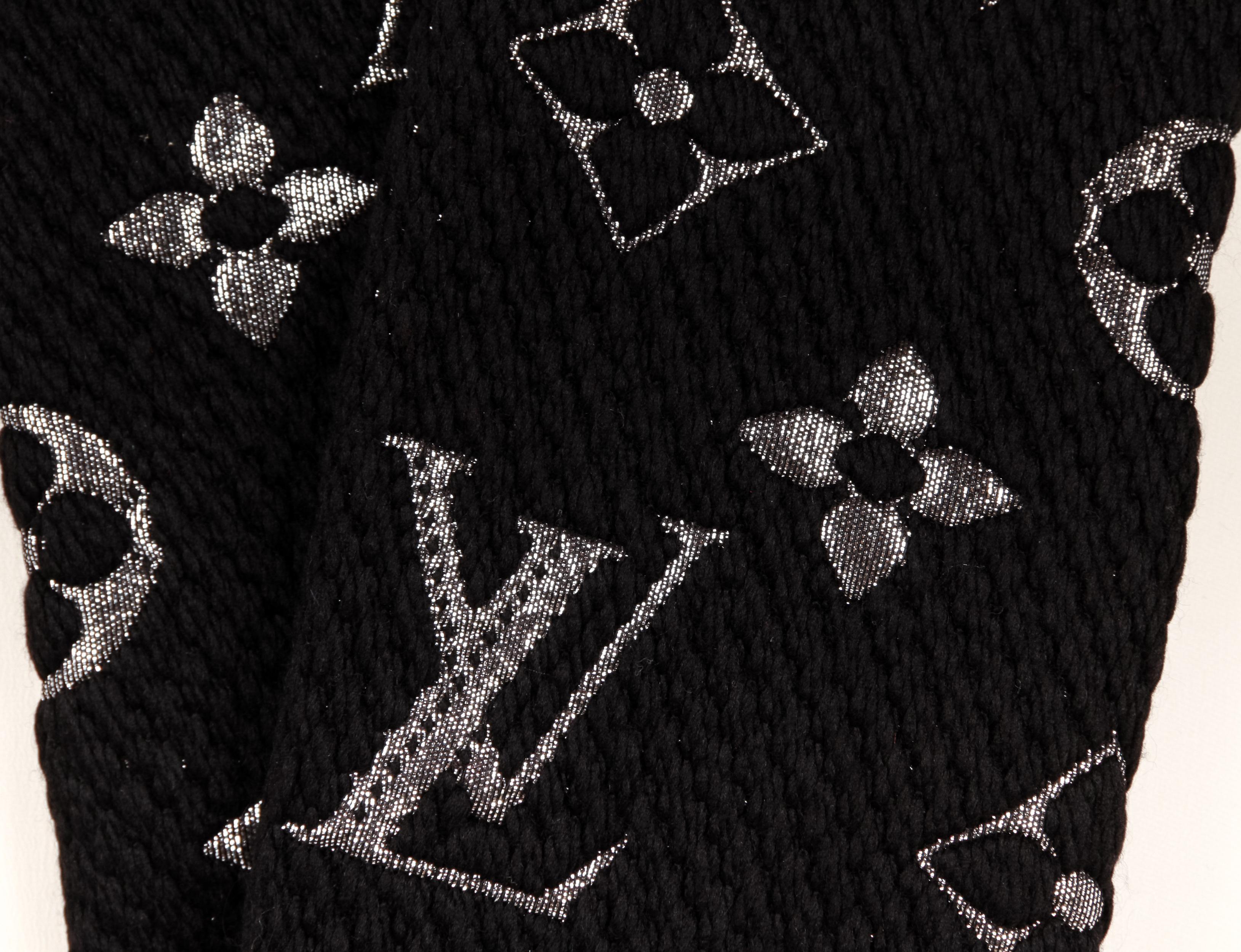  New Louis Vuitton Black Logo Metallic Woven Scarf. Wool/Silk with Lurex combination. 
Fringe Detail.