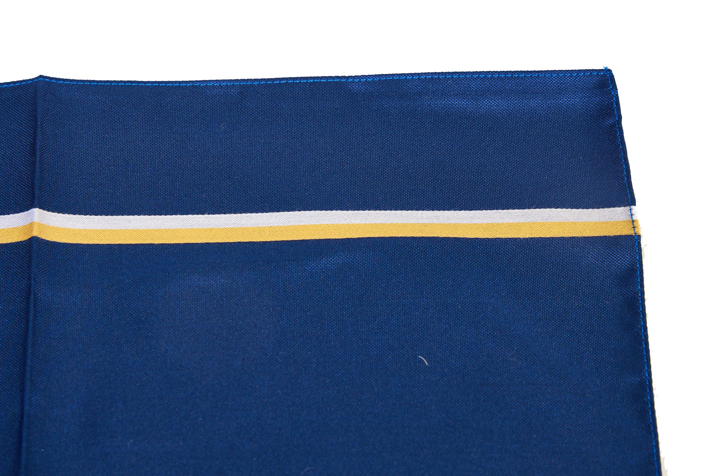 Louis Vuitton brand new cotton pocket square in blue with yellow and white stripe . Hand rolled edges.