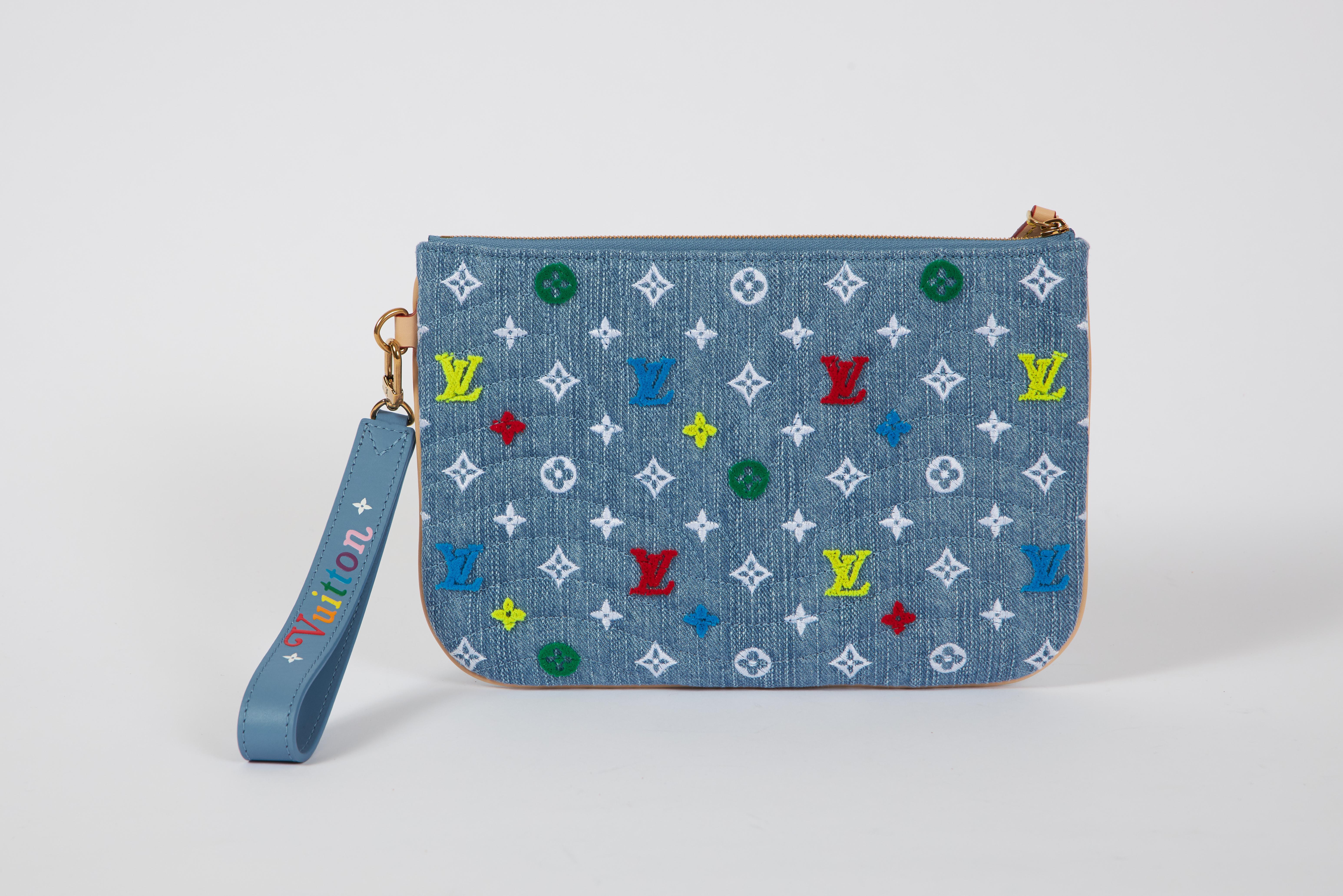 Gray New Louis Vuitton Denim Multicolor Logo Pouchette Bag with Box