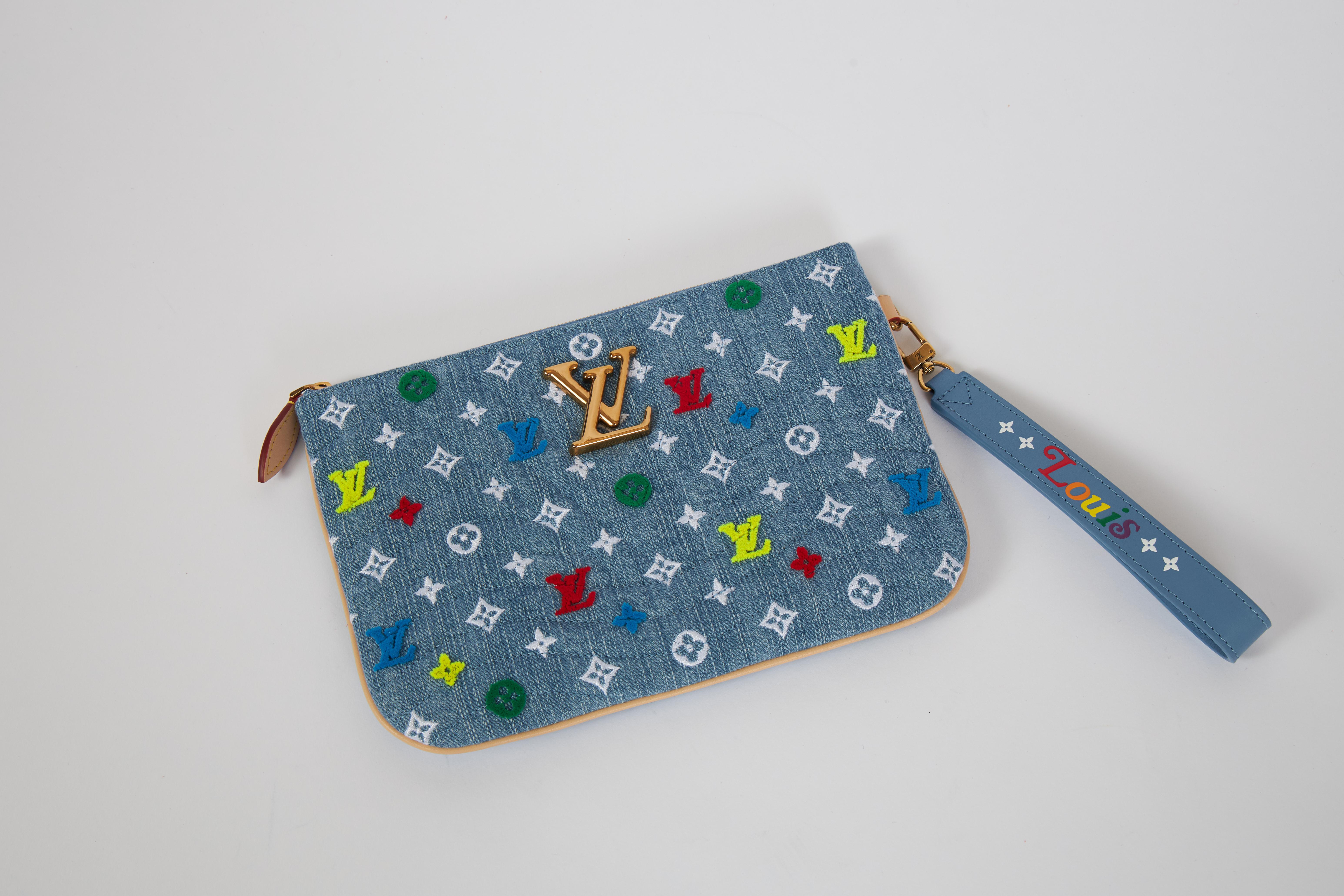 New Louis Vuitton Denim Multicolor Logo Pouchette Bag with Box In New Condition In West Hollywood, CA