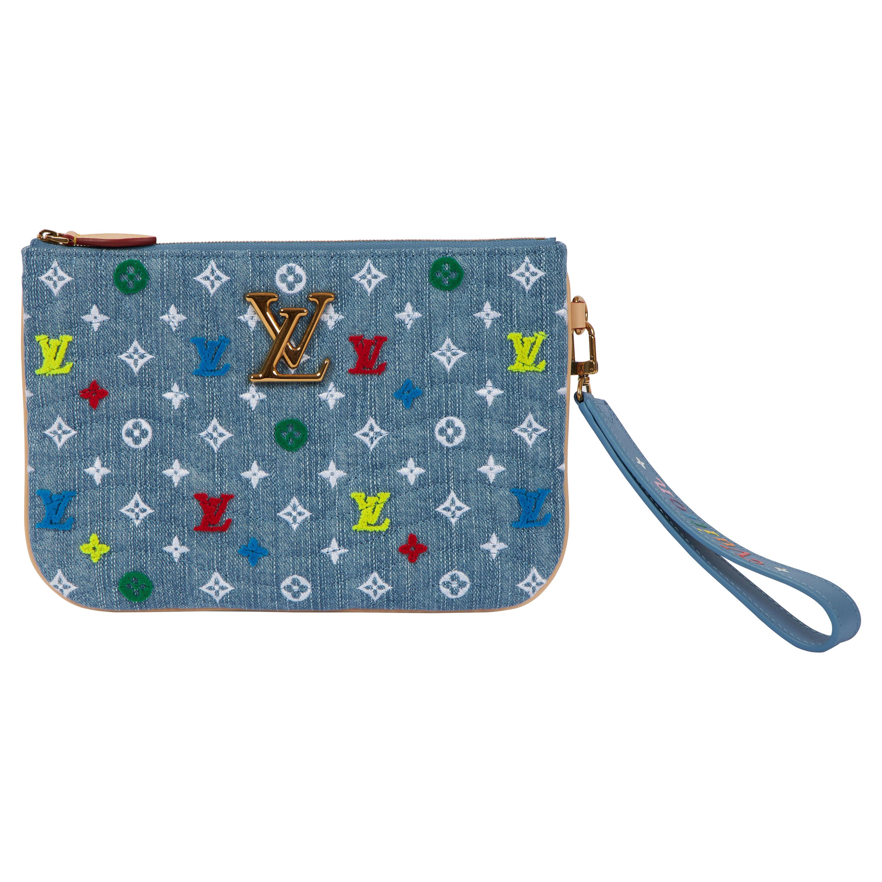 New Louis Vuitton Denim Multicolor Logo Pouchette Bag with Box