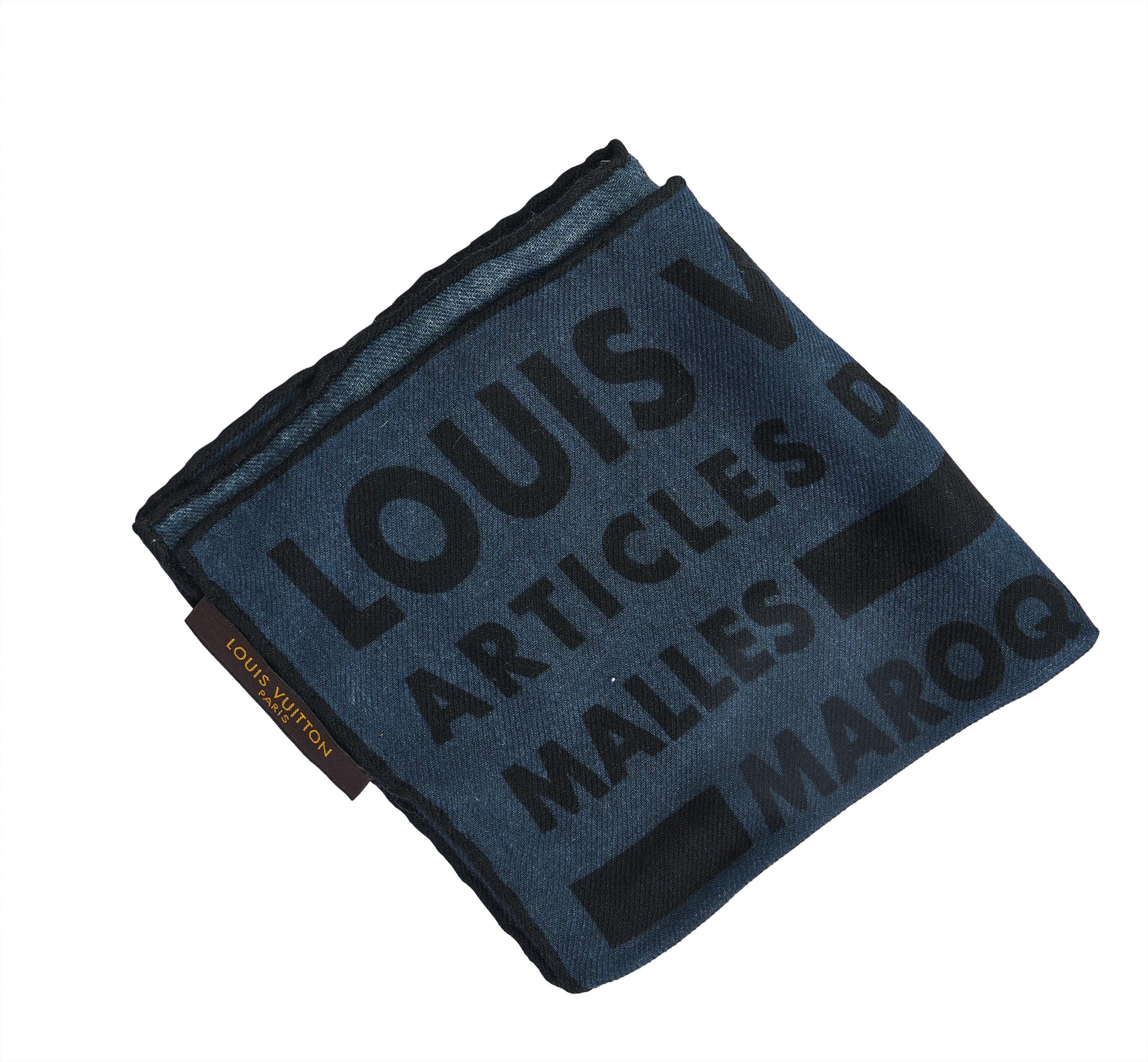 Louis Vuitton brand new and rare cashmere pocket square in gray and black writing pattern. Hand rolled edges.