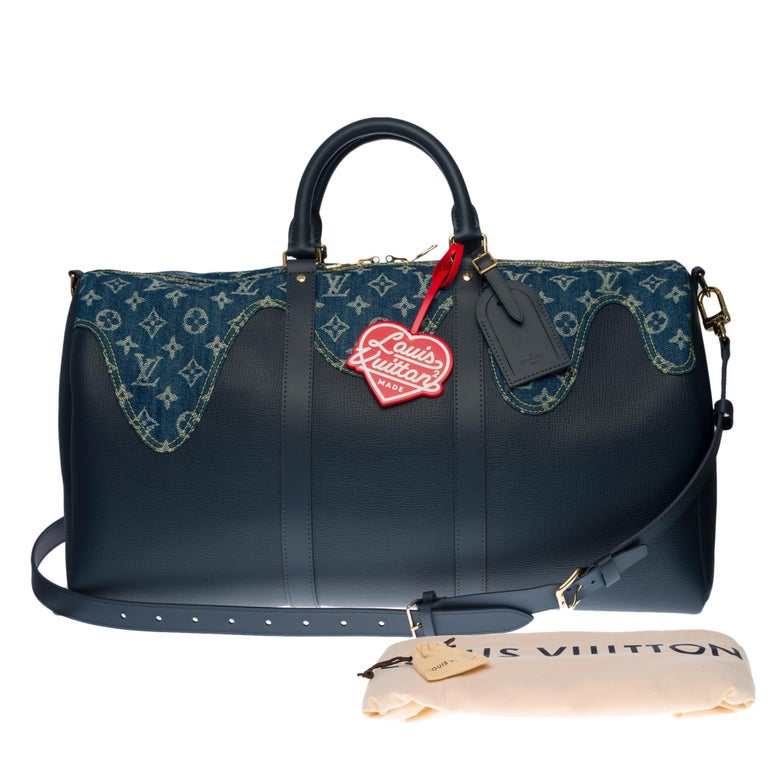 NEW-Louis Vuitton keepall 50 strap Travel bag in blue denim & leather by Nigo For Sale 7