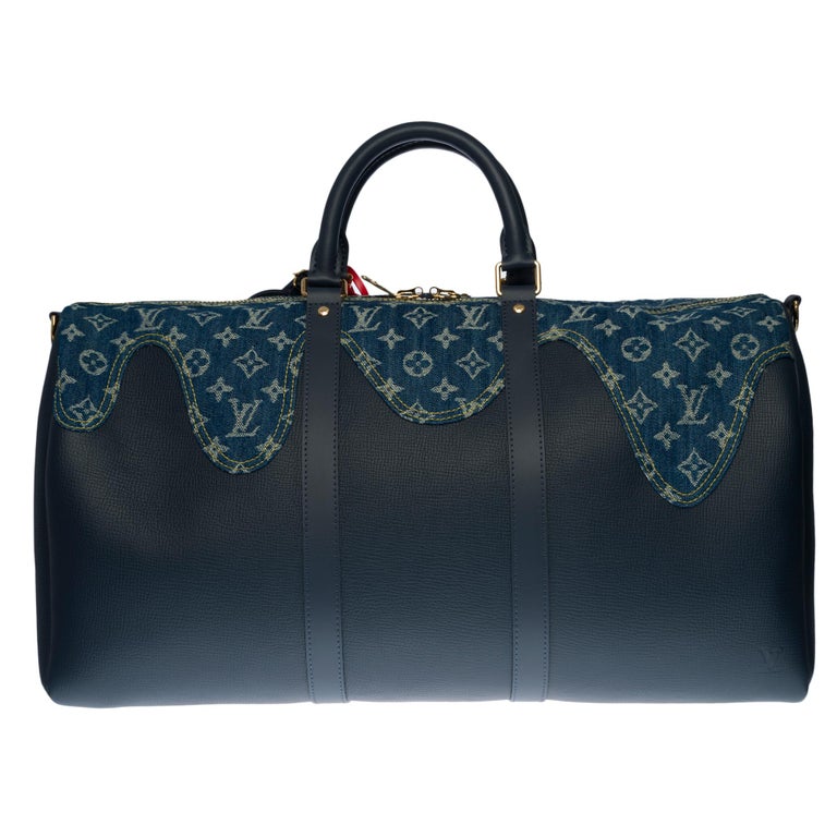Louis Vuitton Navy Leather and Denim Monogram Drip Keepall 60