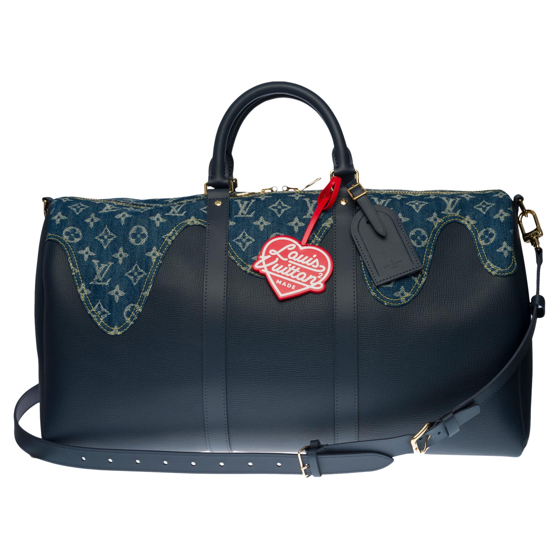 NEW-Louis Vuitton keepall 50 strap Travel bag in blue denim & leather by Nigo
