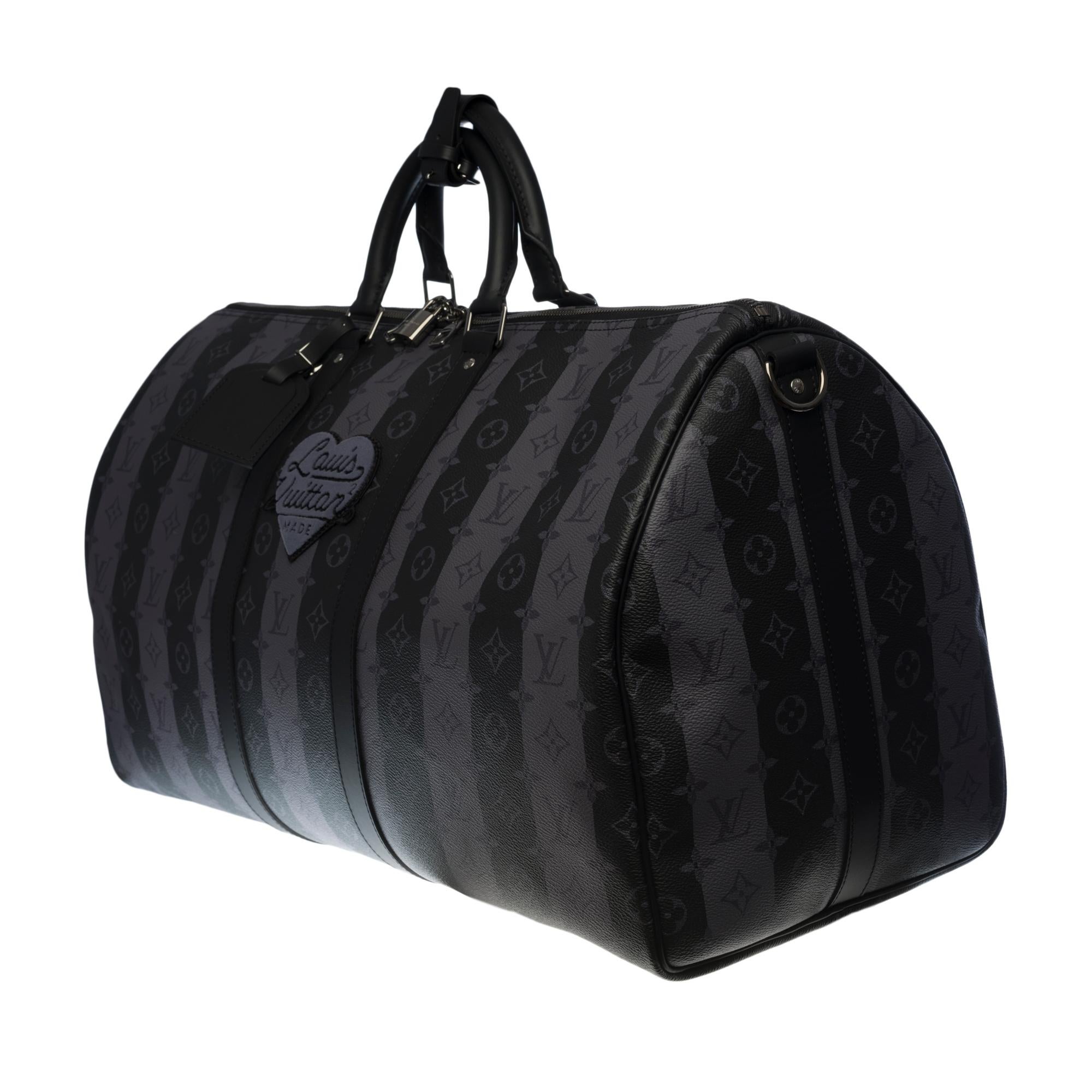 Black NEW-Louis Vuitton keepall 55 strap Travel bag in Stripes canvas by Abloh/Nigo