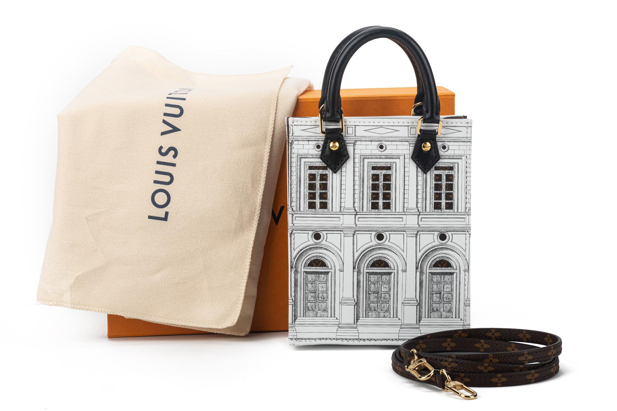 Louis Vuitton 2021 limited edition Fornasetti collection. Brand new in box with dust cover mini sac plat in printed patent leather with monogram trimming. Detachable crossbody strap. Sold out worldwide.

