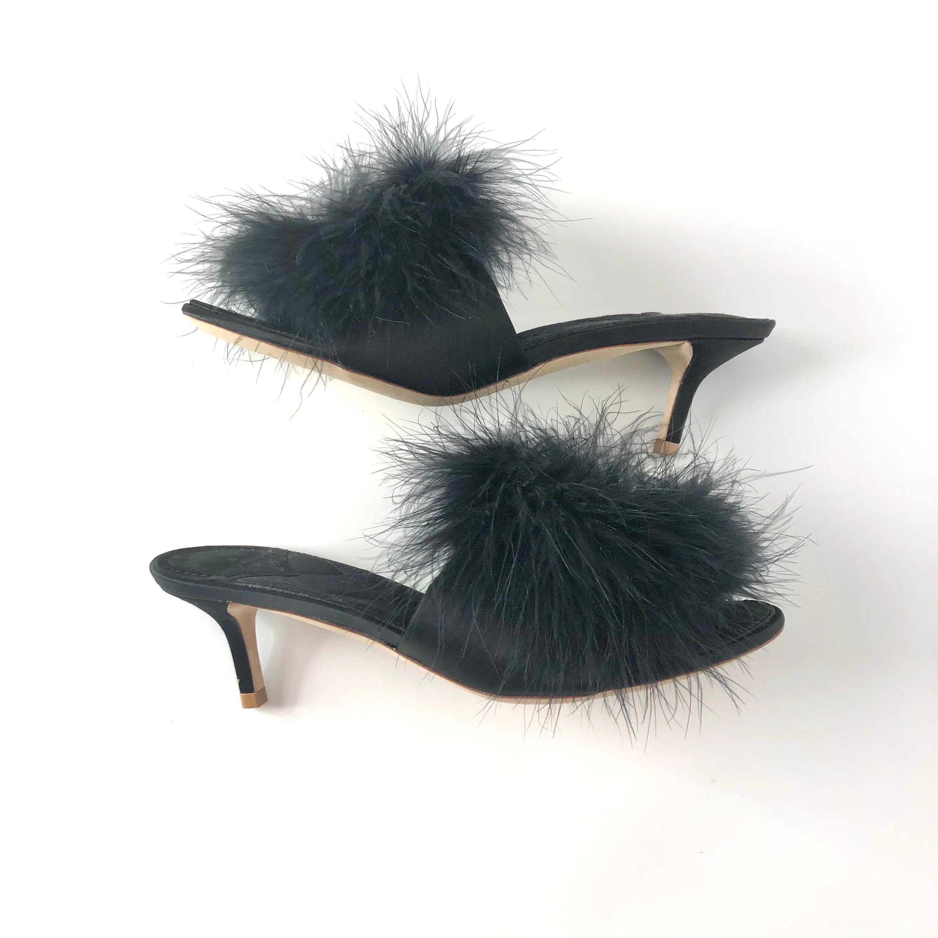 Black NEW Louis Vuitton Marabou Crystal LV Marilyn Kitten Heel Mule Slip On Sandals 36 For Sale
