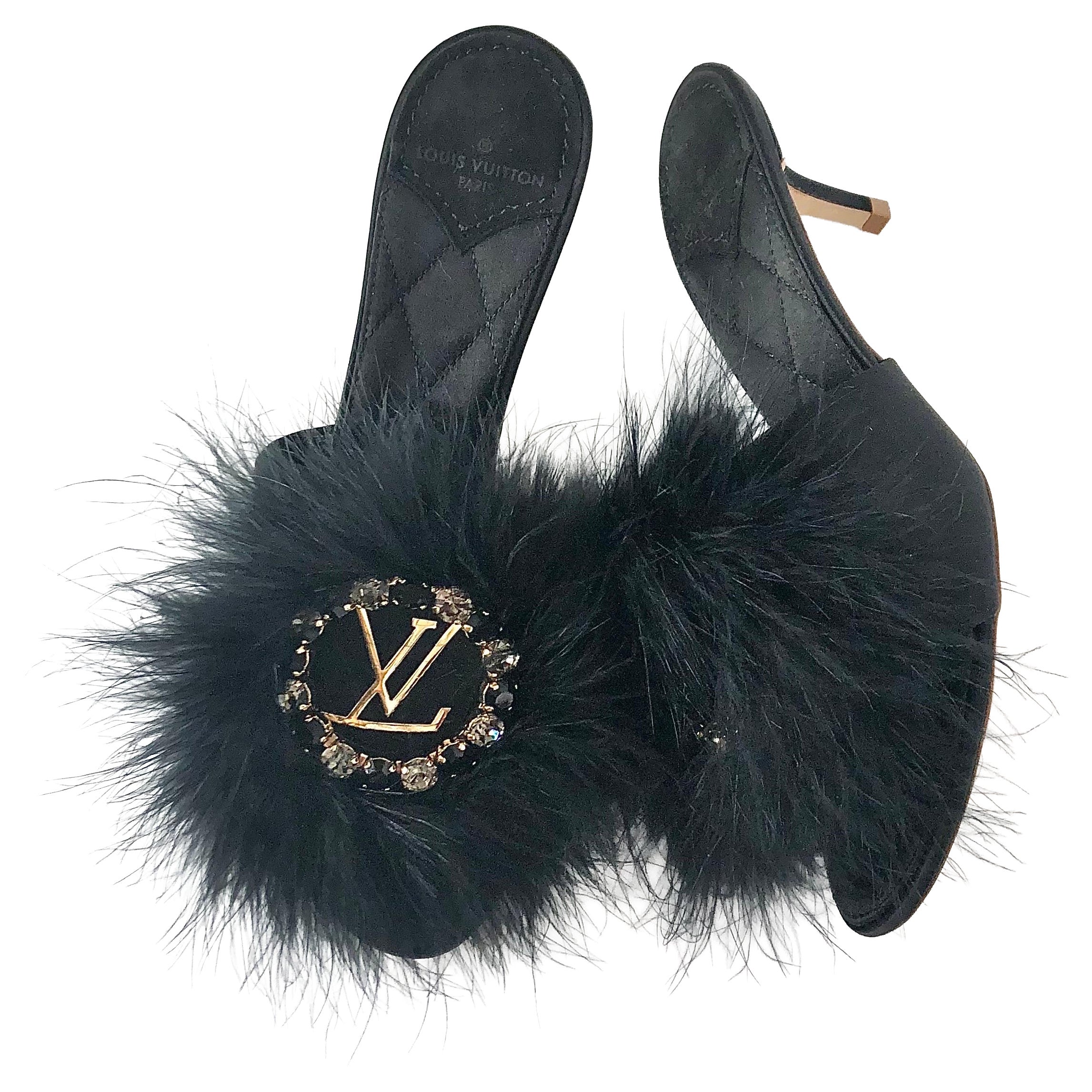NEW Louis Vuitton Marabou Crystal LV Marilyn Kitten Heel Mule Slip On Sandals 36