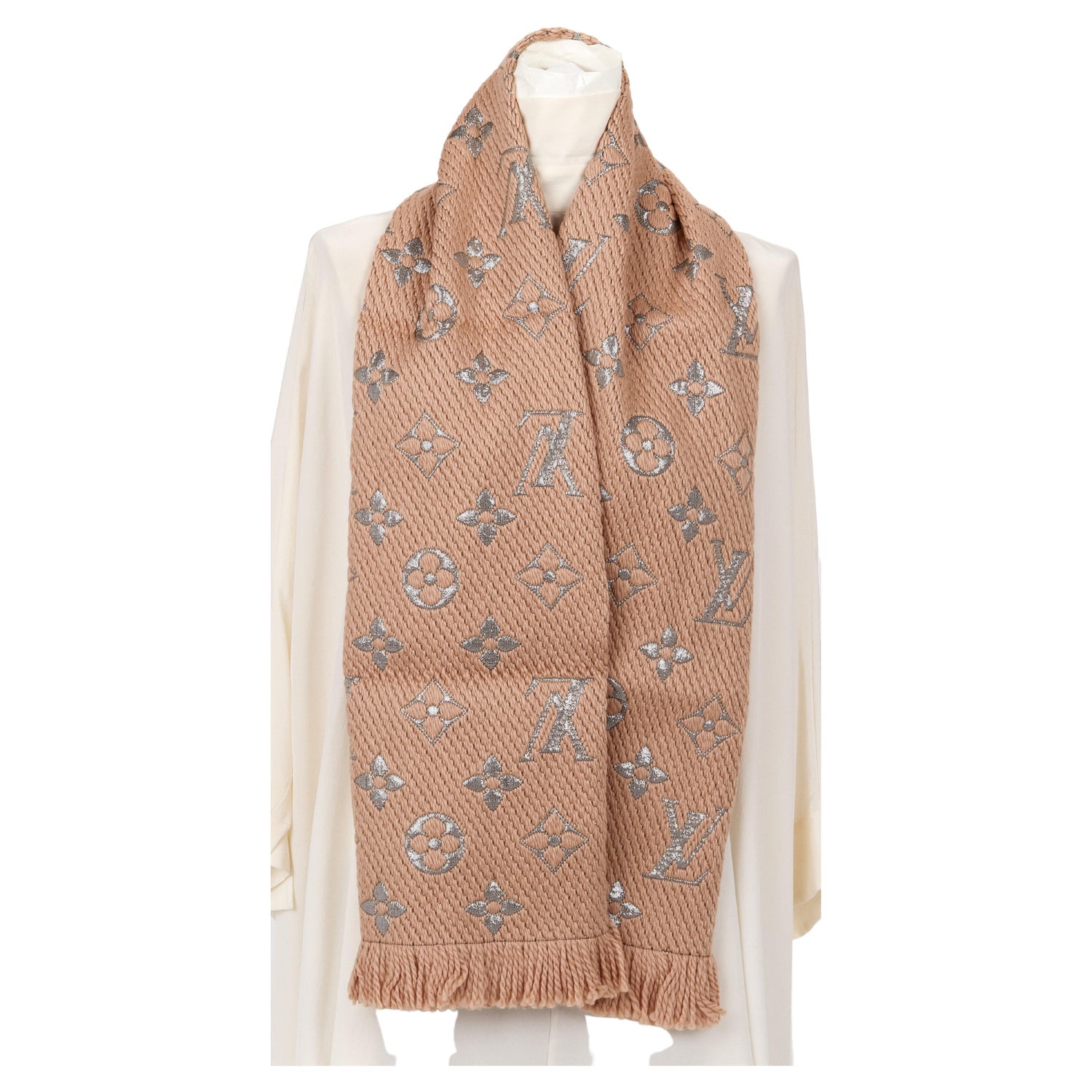 Louis Vuitton Taupe Wool Logomania Fringed Scarf - Preowned LV Scarves