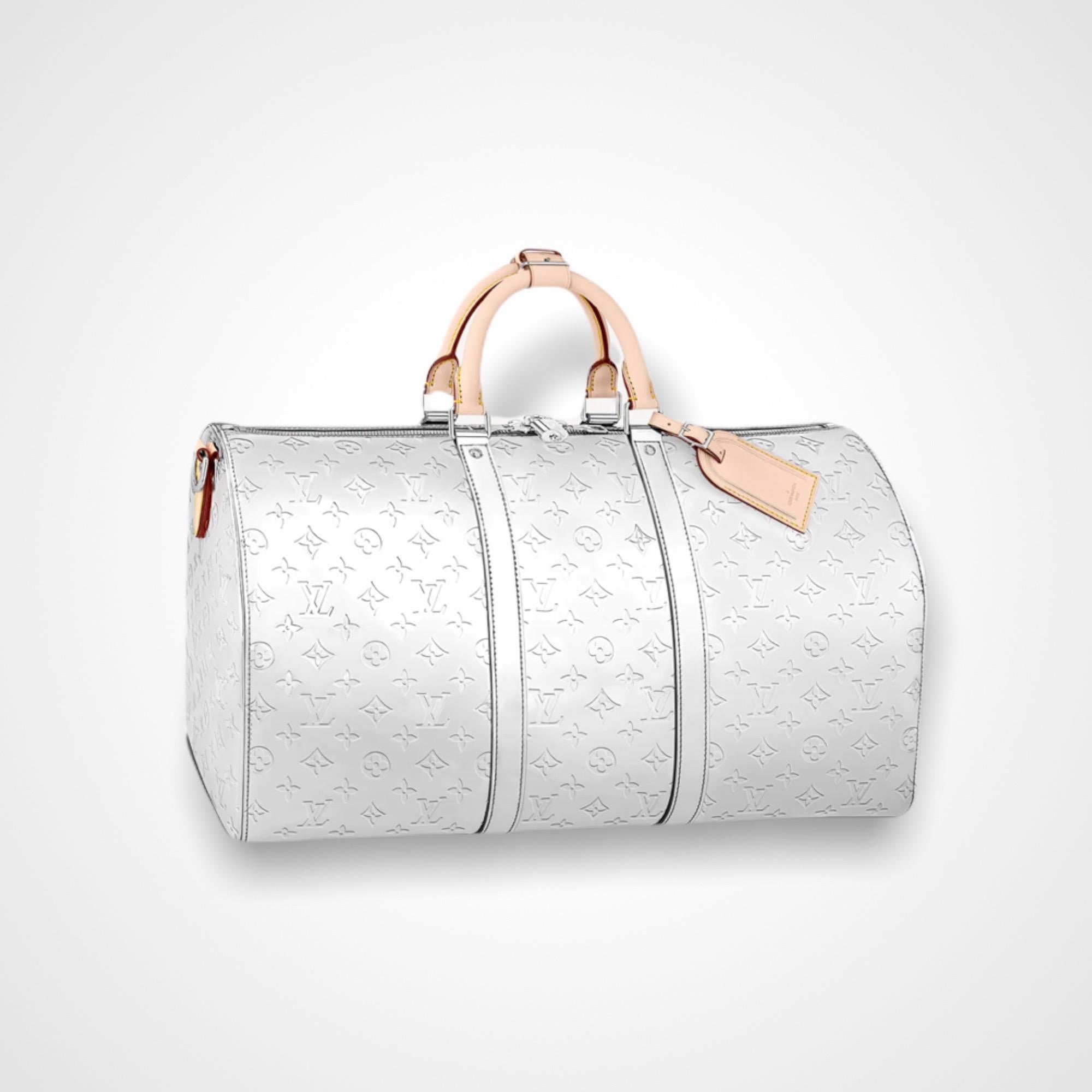 Gray NEW Louis Vuitton Monogram Mirror Canvas LV Logo Keepall 50 Weekender Duffle Bag