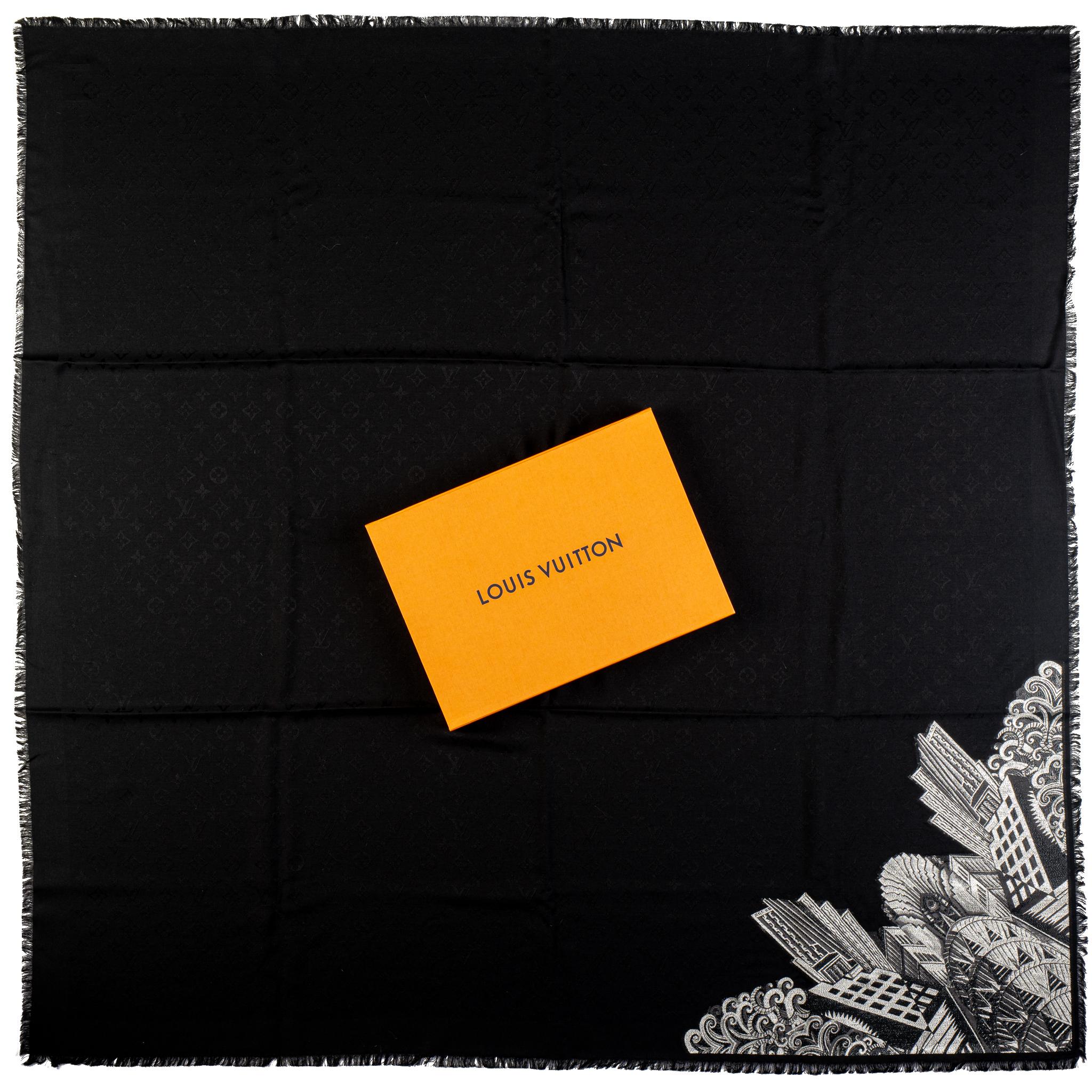 Vuitton limited edition brand new black large shawl. New York Skyscraper design. Silk, wool combination. Comes with original box.