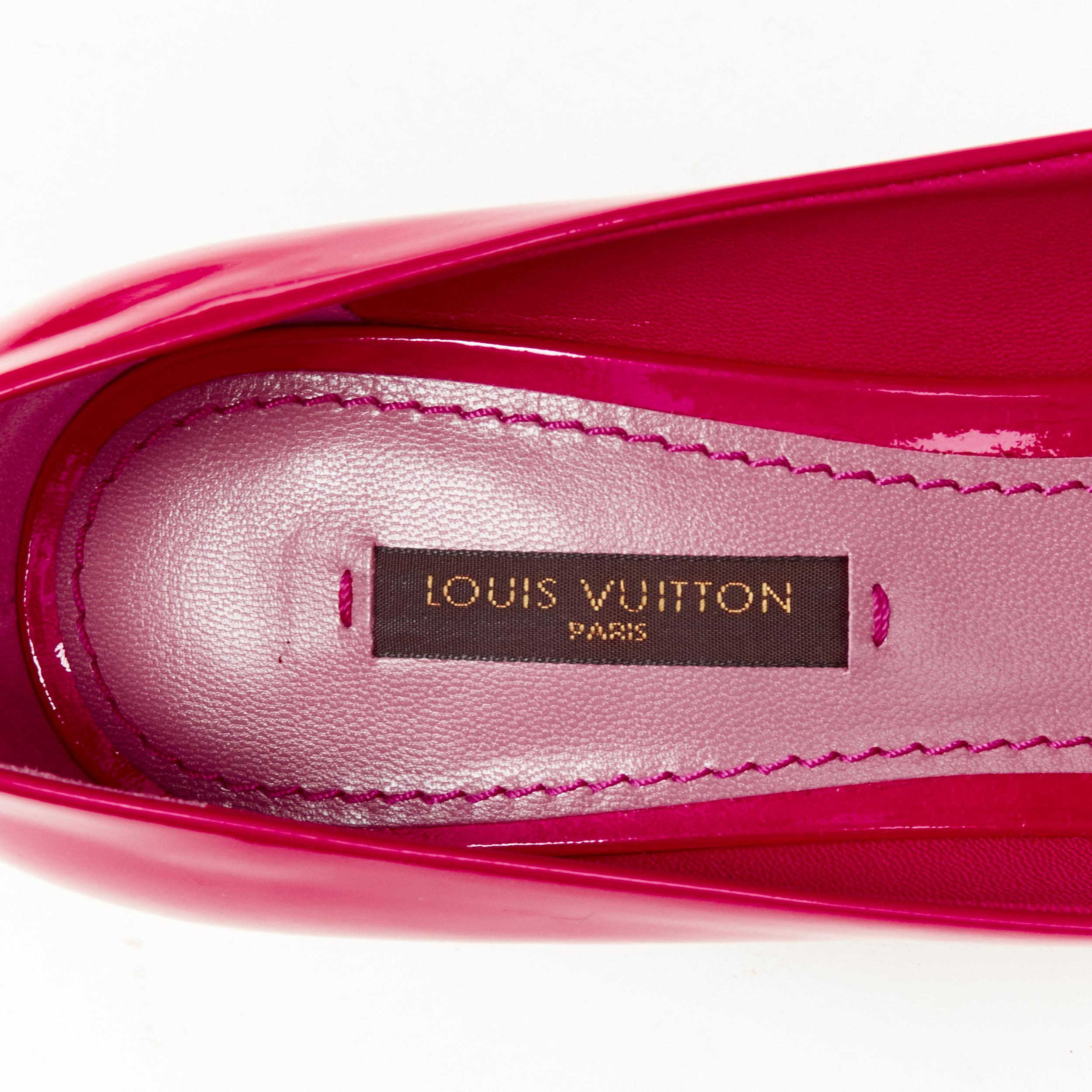 new LOUIS VUITTON pink patent gold logo plate mid point toe pump EU36.5 For Sale 4