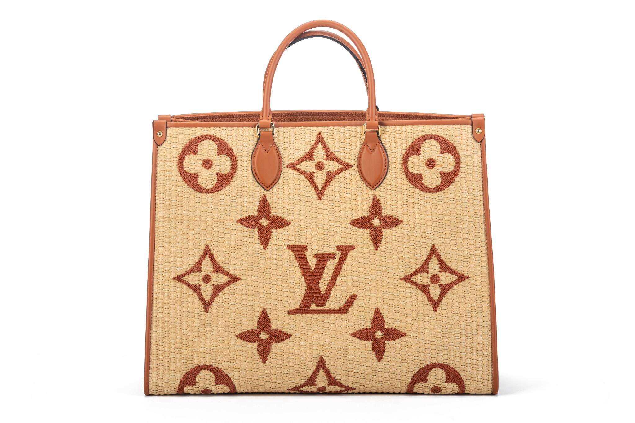 Louis Vuitton 2021 limited edition raffia collection. Brand new in box with original dust cover. Large on the go in natural and caramel raffia monogram canvas and cowhide trim. Yellow raffia and leather charm. Double straps, hands and shoulder. Made