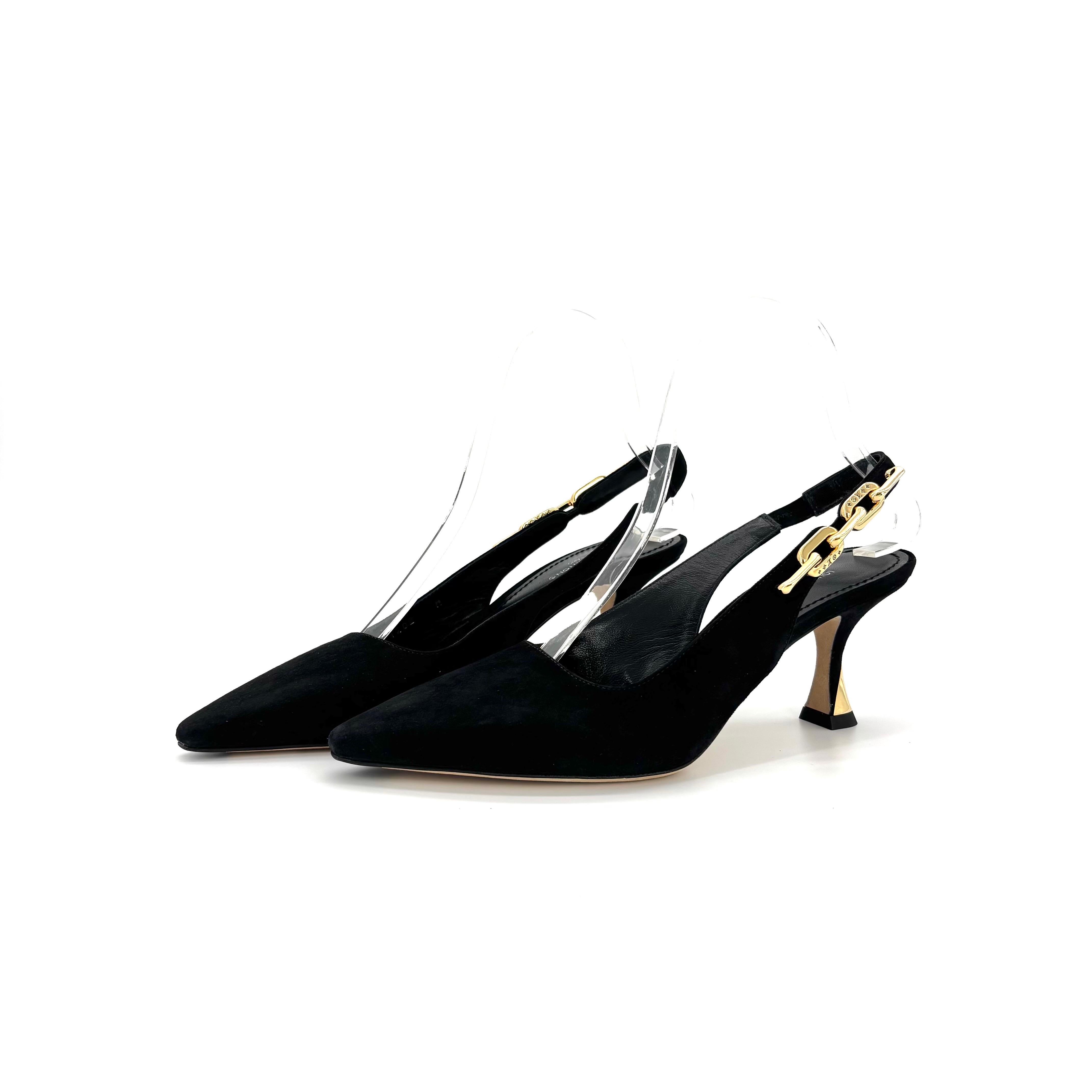 Louis Vuitton Funkelnder Slingback  Monogram Kette Kalbsleder Pumps
NL1202

Farbe Schwarz
Größe 38EU
Absatzhöhe 2.75in

Obermaterial Wildleder
Außensohle aus Leder
Spitz zulaufende Zehenbox 
LV-Monogramm, goldfarbenes Detail an der Ferse, LV-Detail