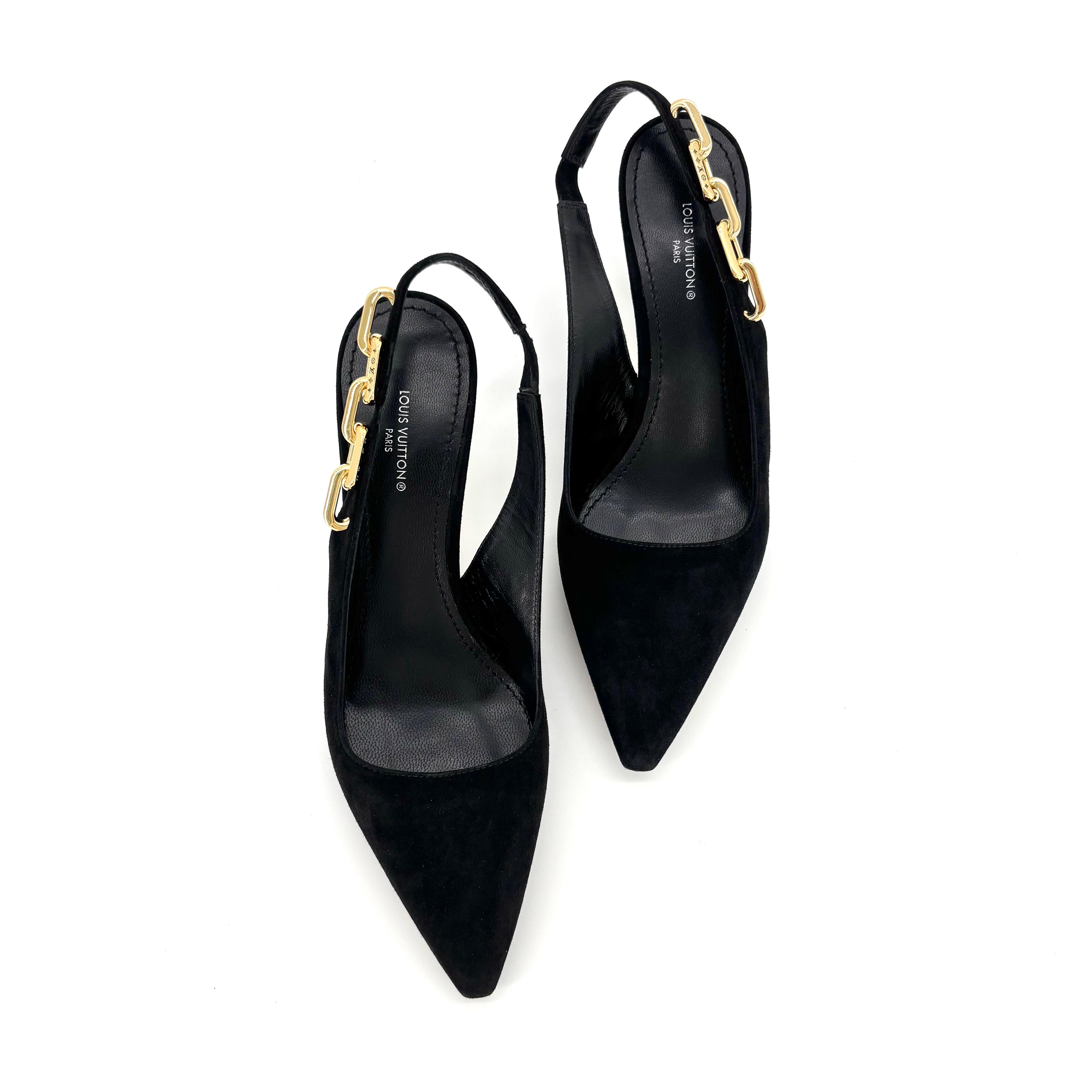 NEW Louis Vuitton Sparkle Slingback Kette Schwarz Wildleder Kitten Heel Pumps 38 Damen im Angebot