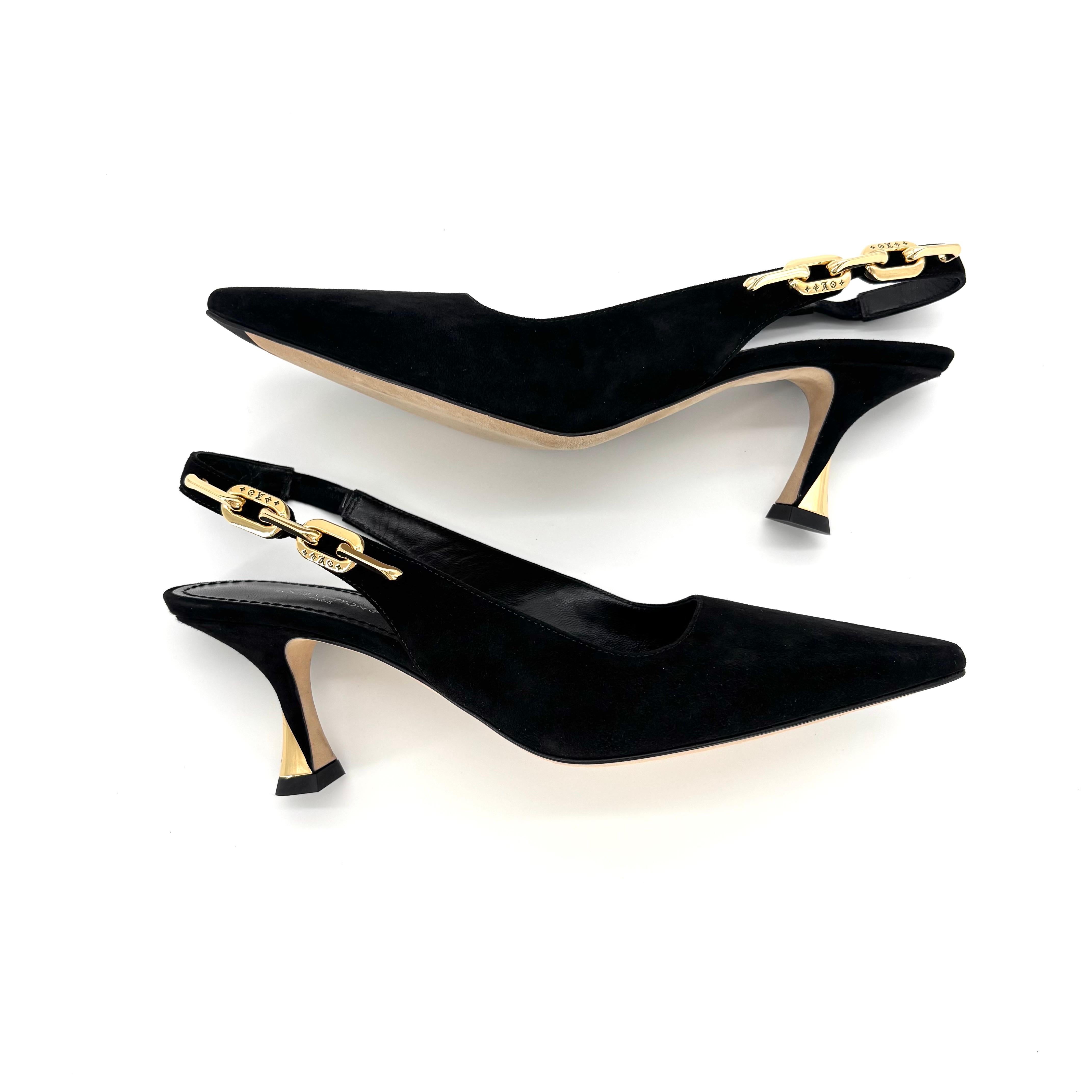 NEW Louis Vuitton Sparkle Slingback Kette Schwarz Wildleder Kitten Heel Pumps 38 im Angebot 1