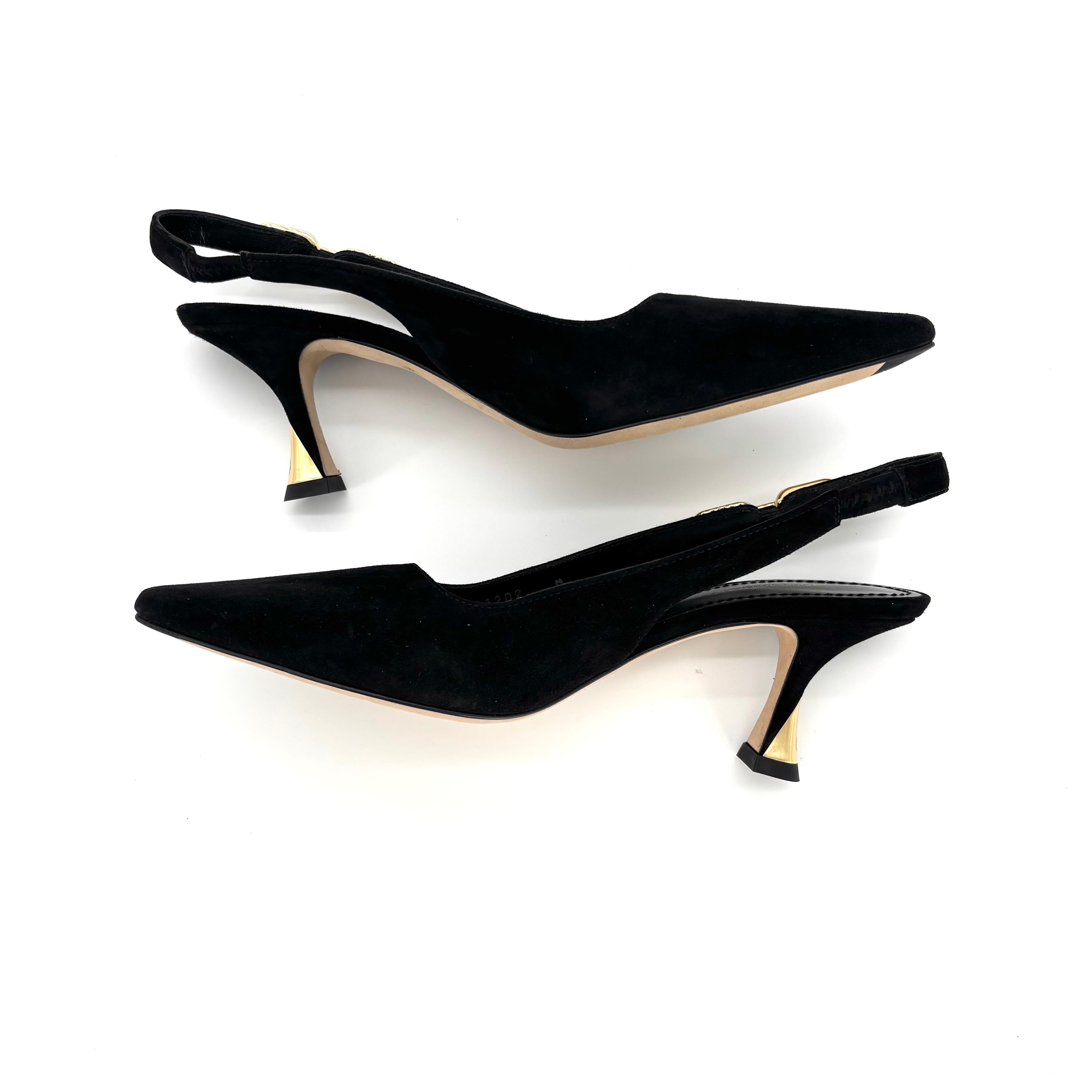 NEW Louis Vuitton Sparkle Slingback Kette Schwarz Wildleder Kitten Heel Pumps 38 im Angebot 2