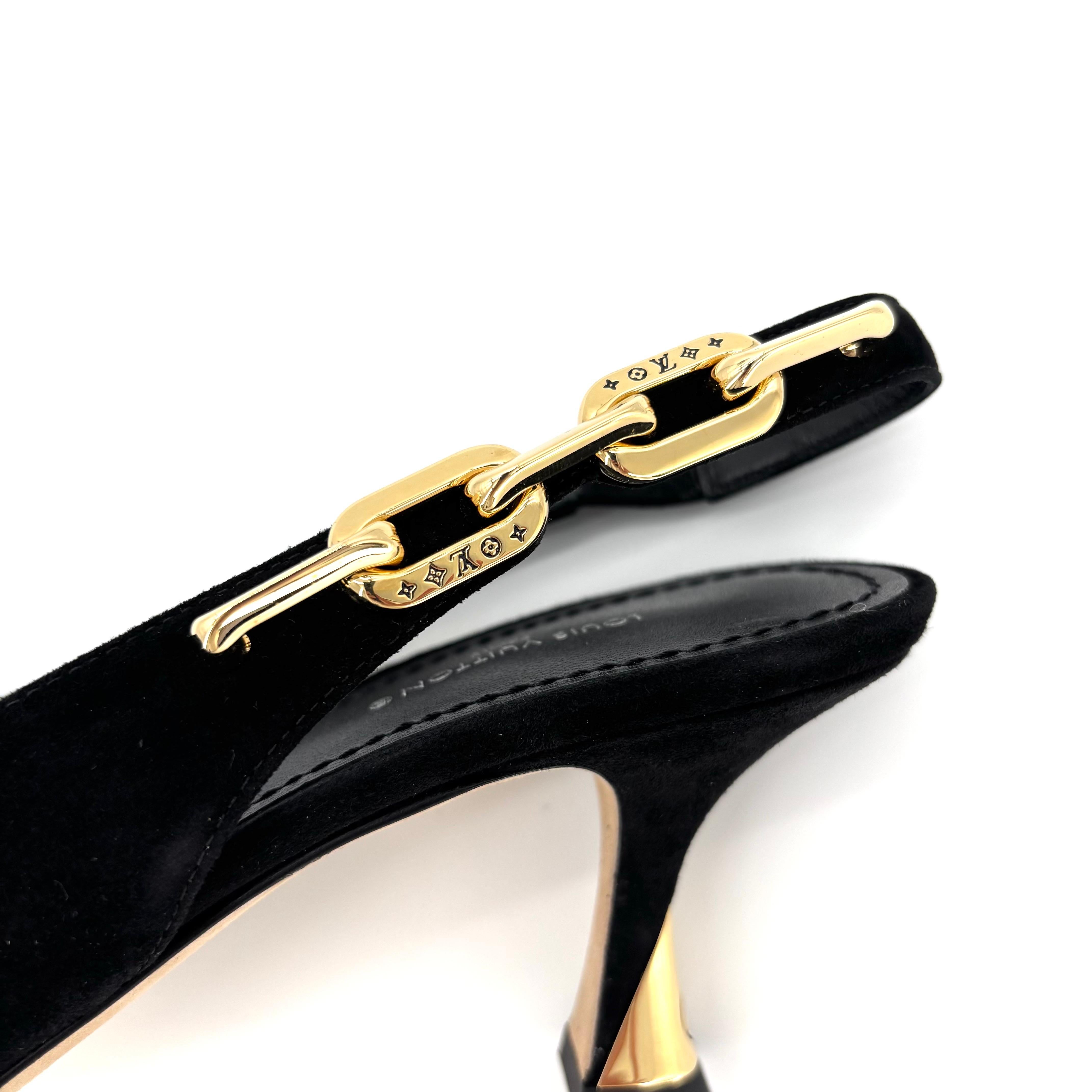 NEW Louis Vuitton Sparkle Slingback Kette Schwarz Wildleder Kitten Heel Pumps 38 im Angebot 3