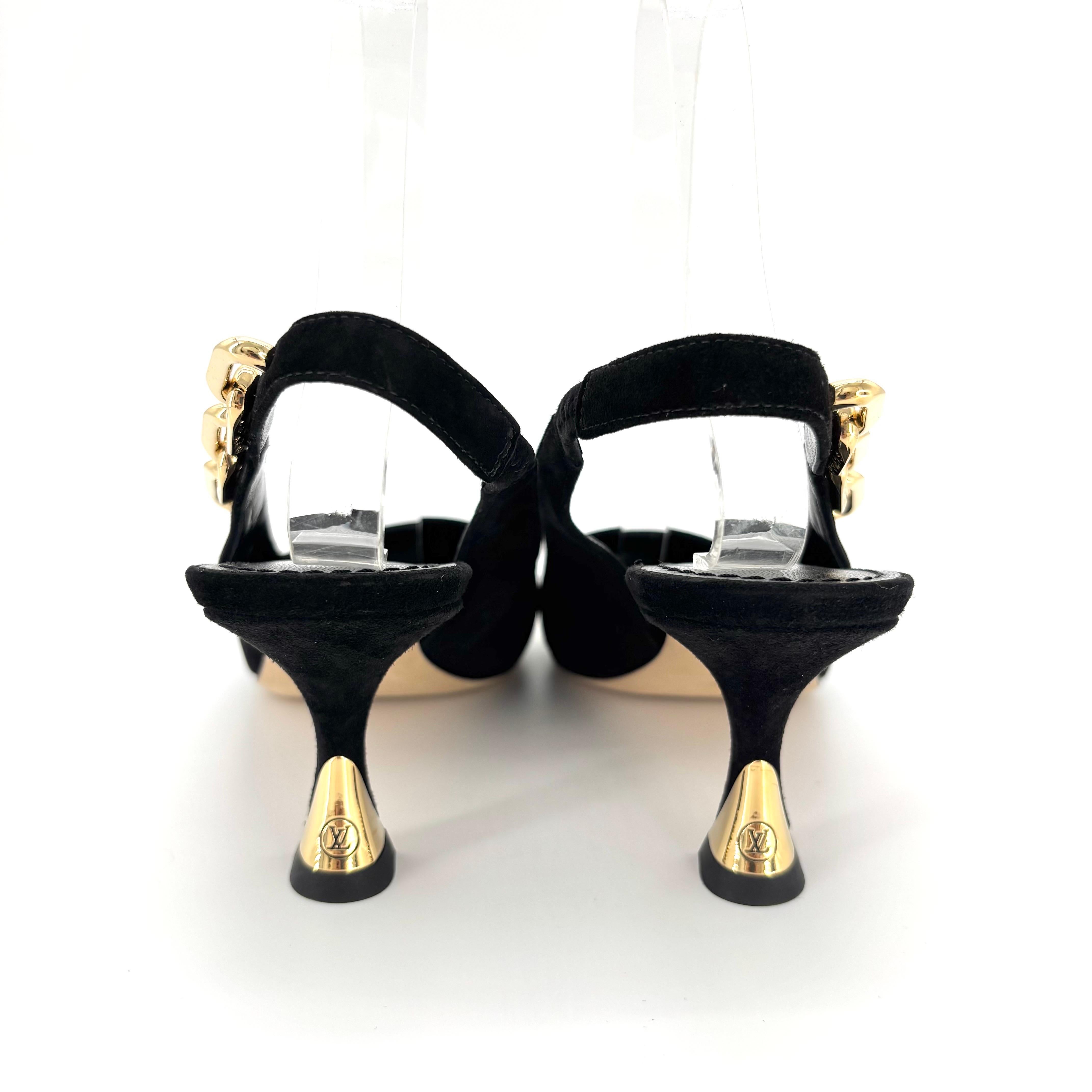 NEW Louis Vuitton Sparkle Slingback Kette Schwarz Wildleder Kitten Heel Pumps 38 im Angebot 4