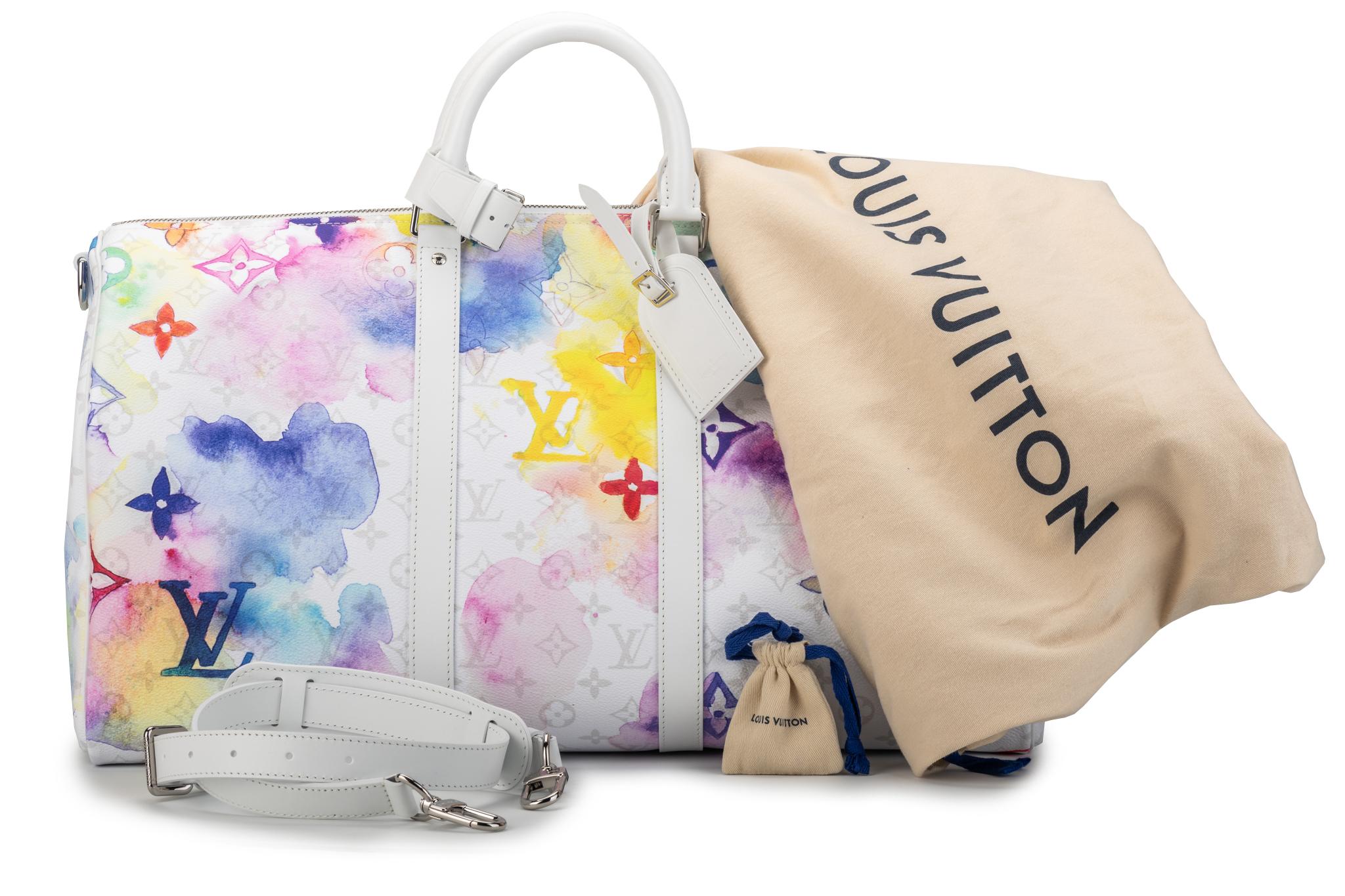 Louis Vuitton limited edition designed by Virgil Abloh, watercolor collection keepall 50. Detachable shoulder strap. Padlock, keys and luggage tag. Brand new with original dust bag and box.