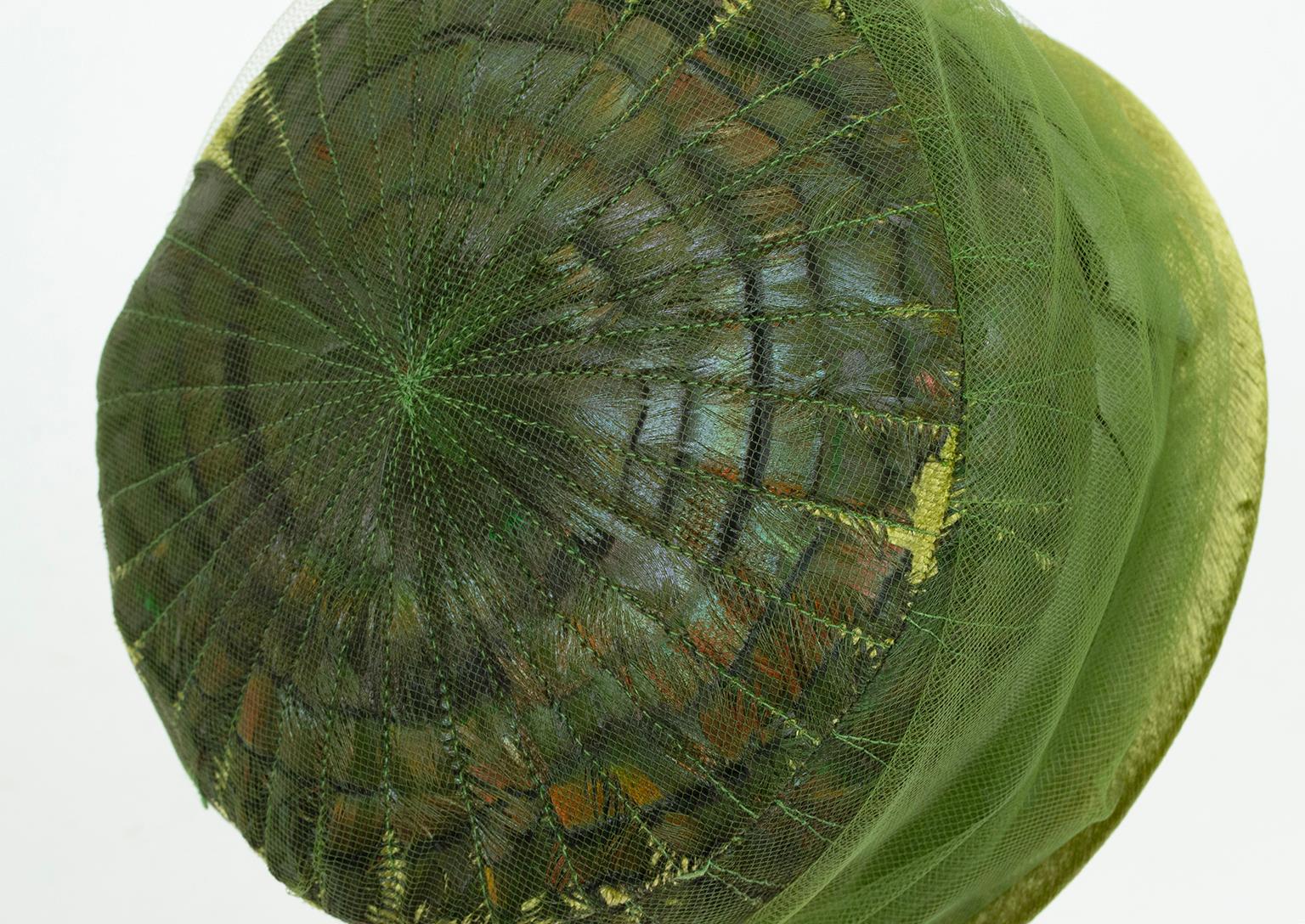 New Luci Puci Green Velvet Cloche Hat with Mallard Feather Crown – S, 1950s For Sale 6