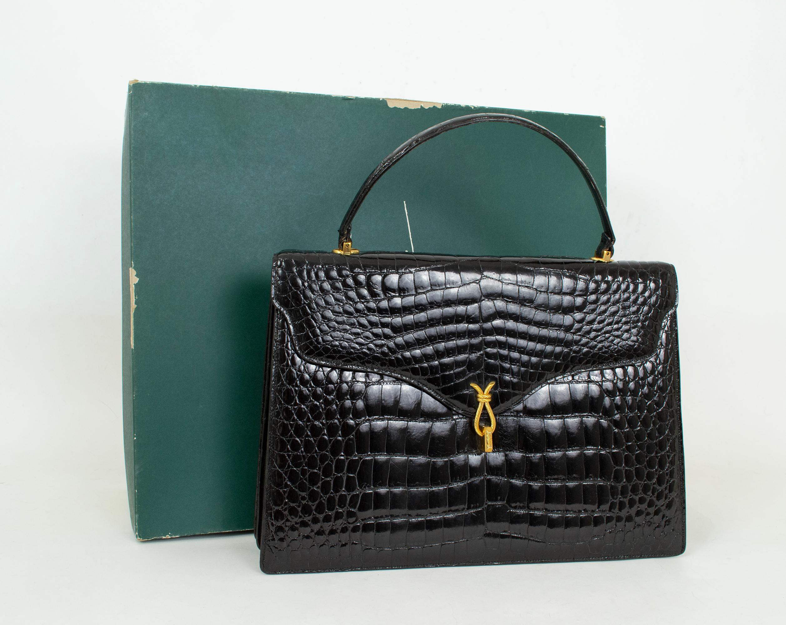 Neu Lucille de Paris Großer Schwarzer Glanz Krokodil Top Handle Bag - 14