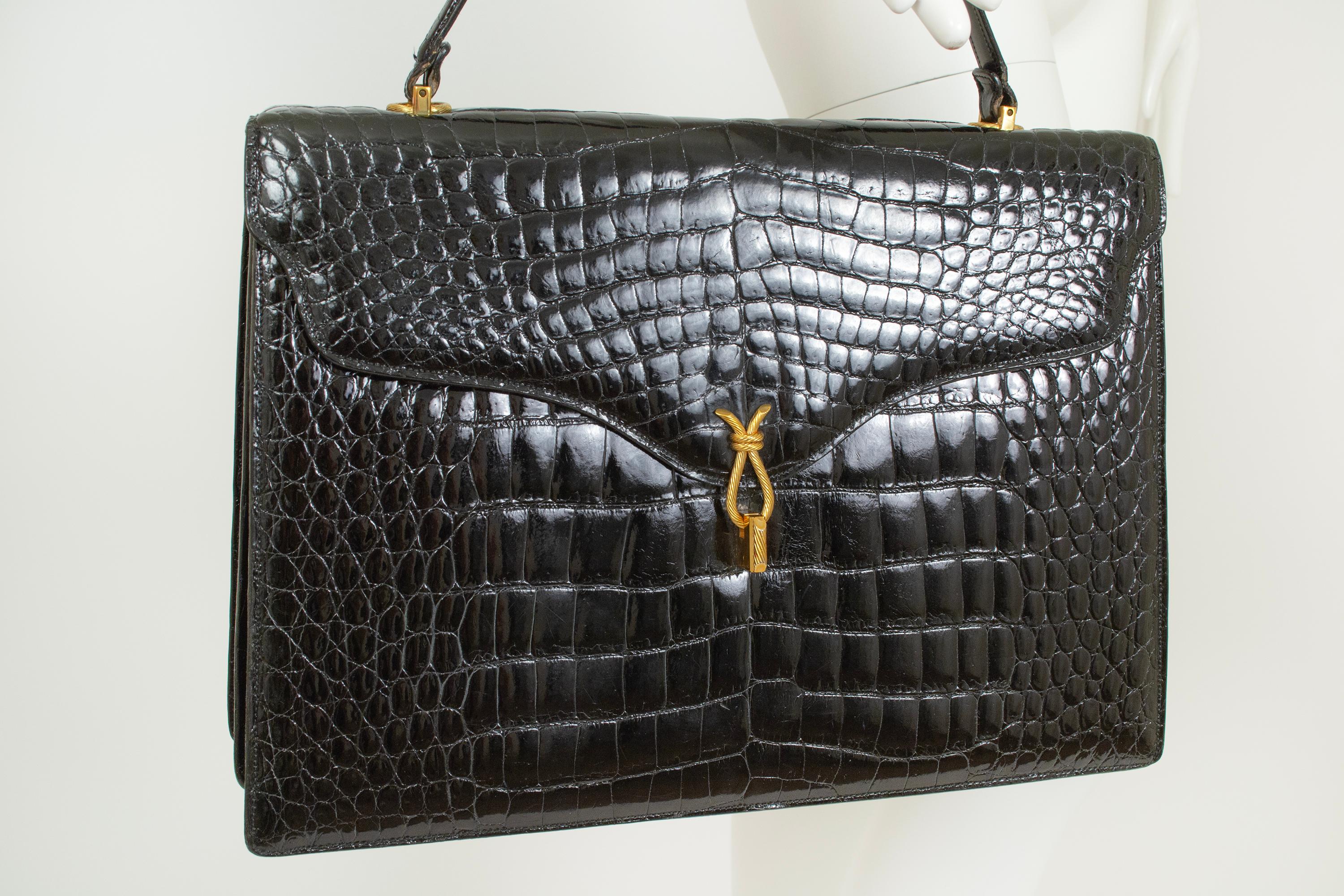 Neu Lucille de Paris Großer Schwarzer Glanz Krokodil Top Handle Bag - 14