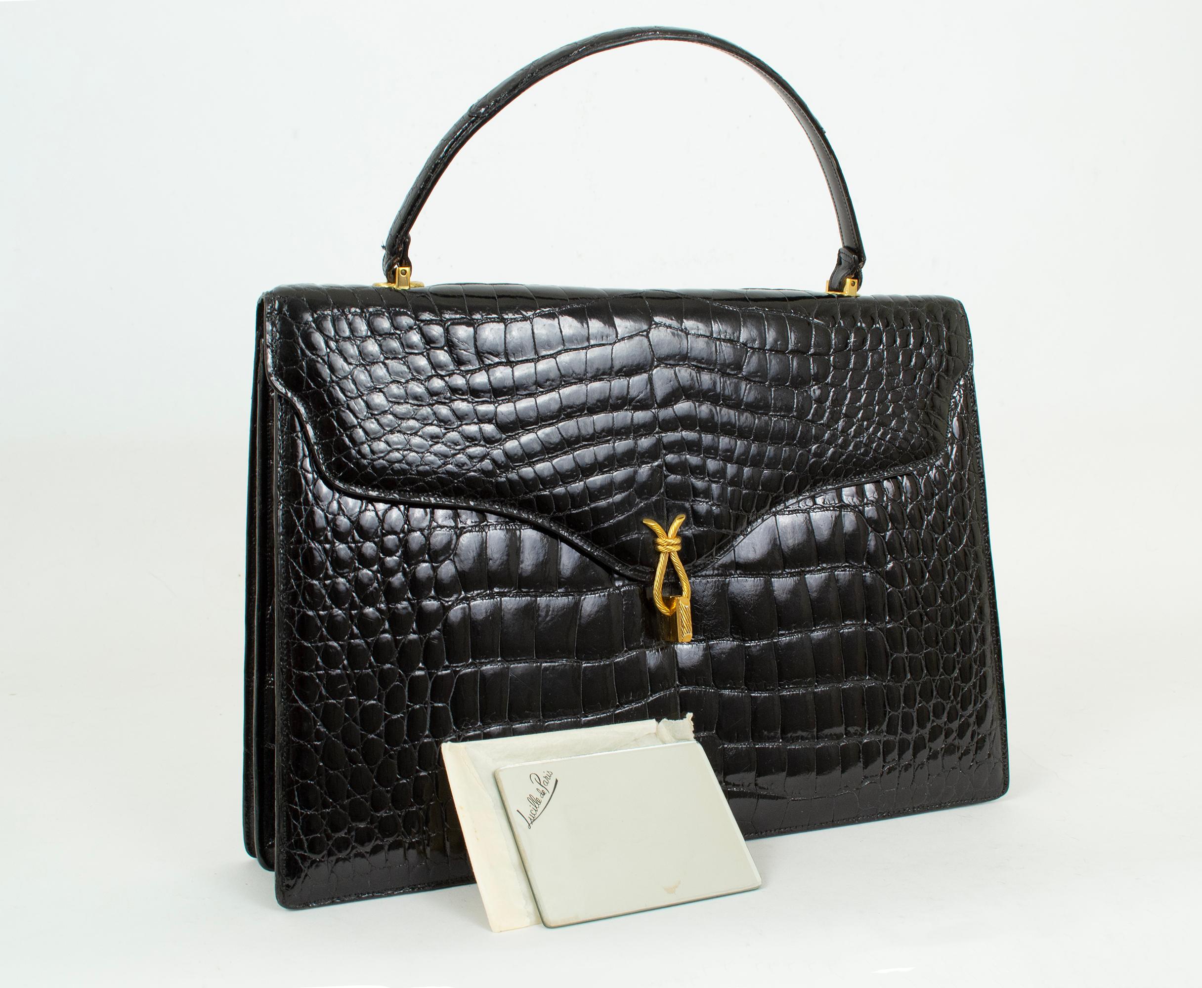 Neu Lucille de Paris Großer Schwarzer Glanz Krokodil Top Handle Bag - 14