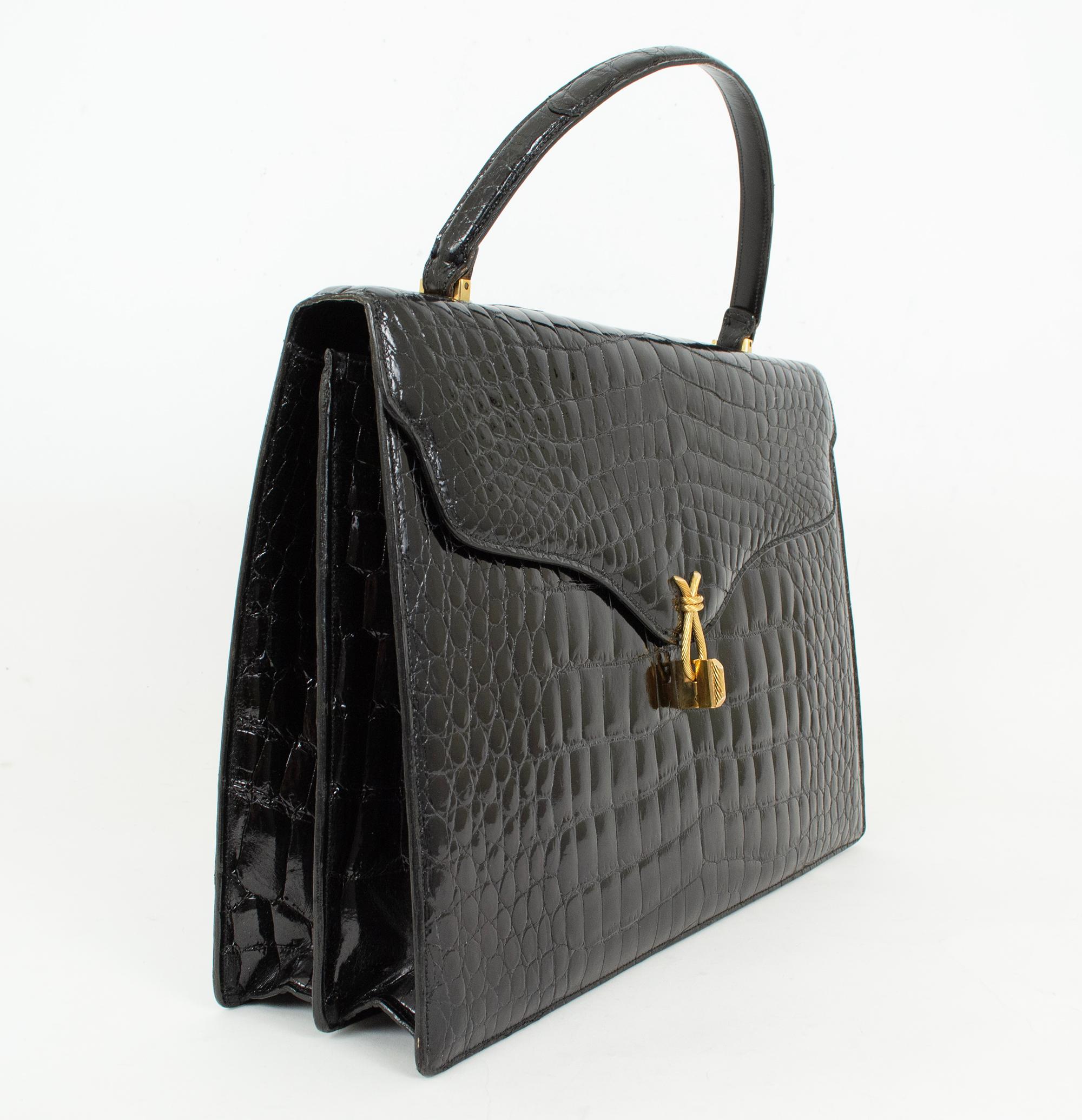 Neu Lucille de Paris Großer Schwarzer Glanz Krokodil Top Handle Bag - 14