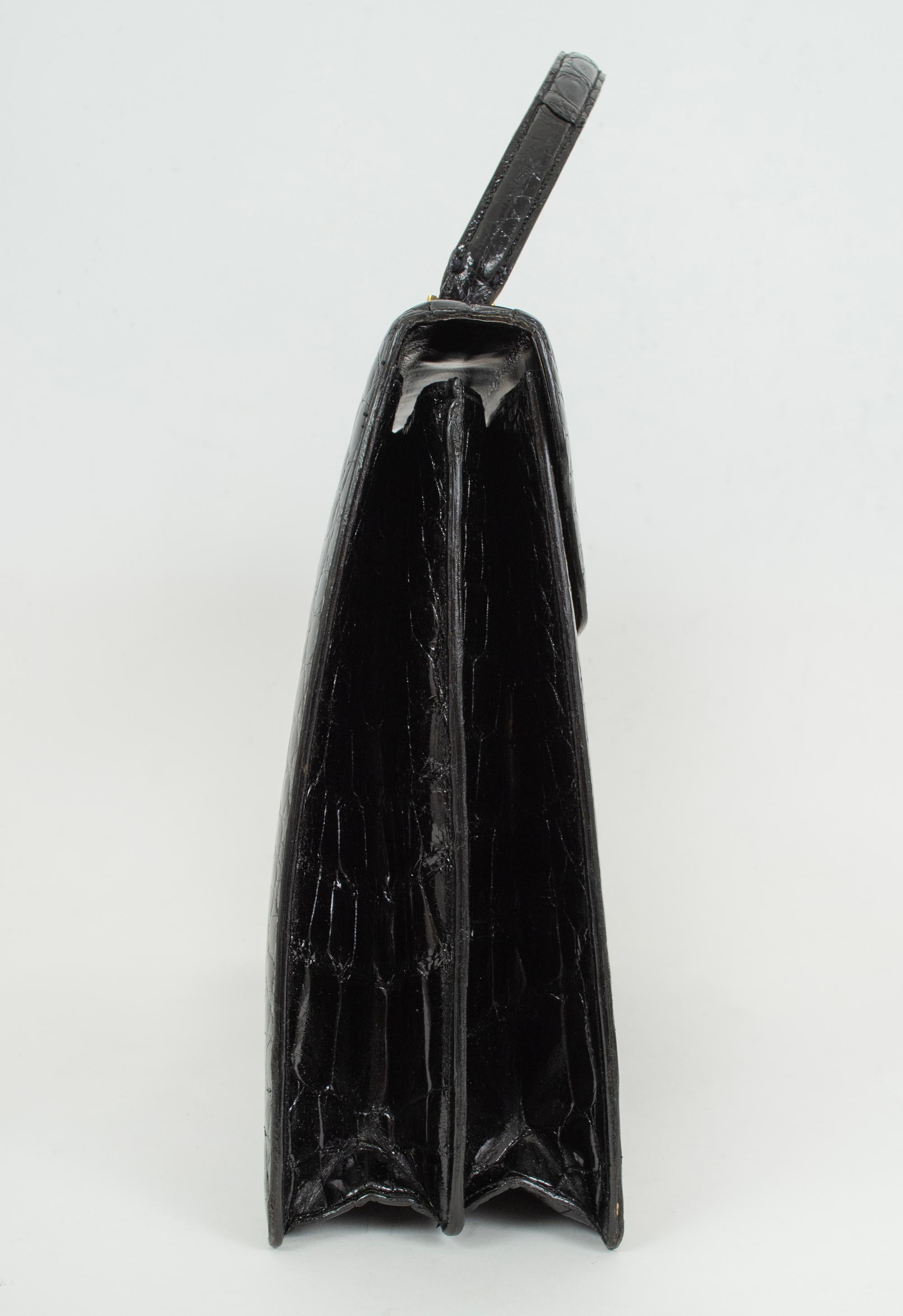 Neu Lucille de Paris Großer Schwarzer Glanz Krokodil Top Handle Bag - 14