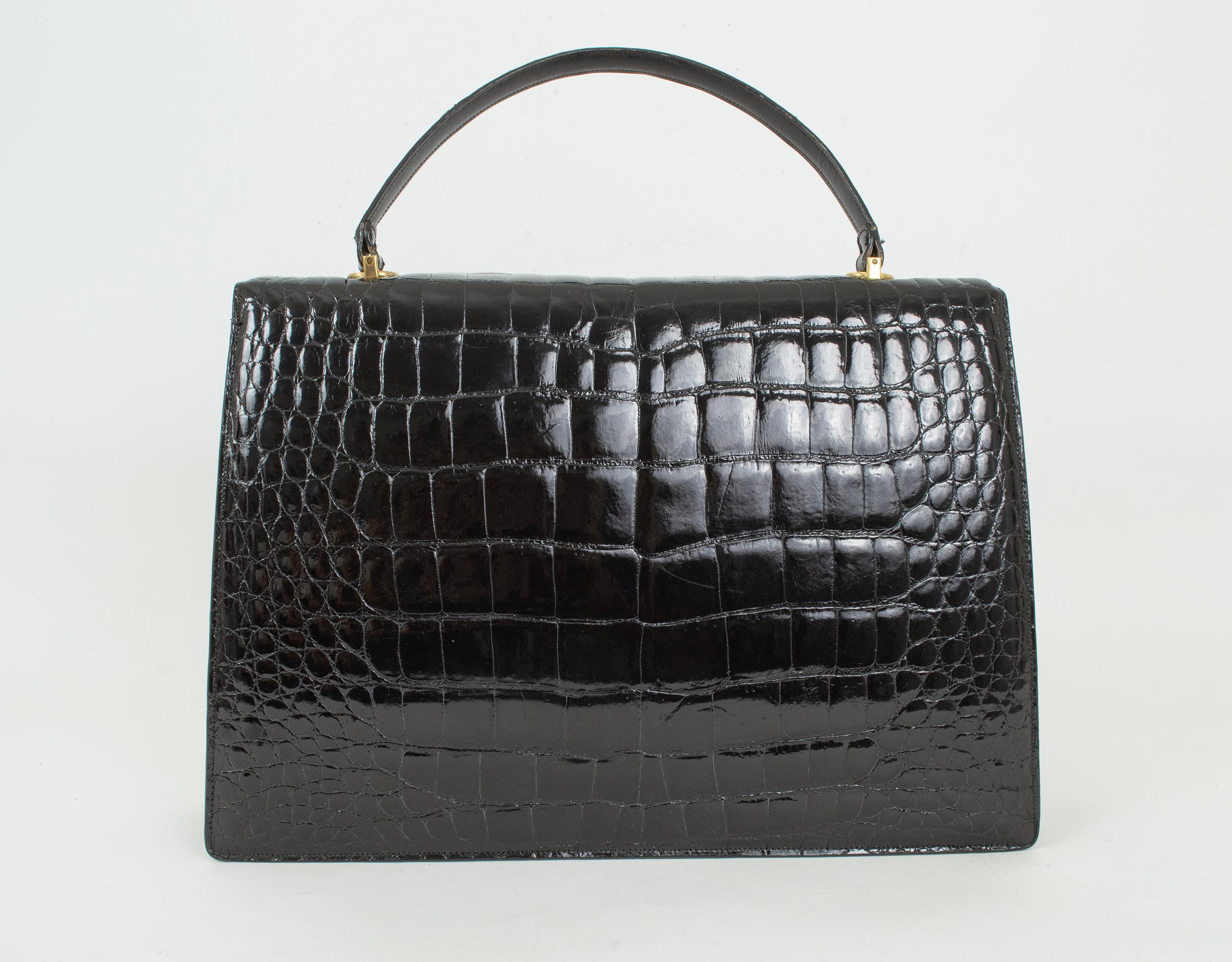 Neu Lucille de Paris Großer Schwarzer Glanz Krokodil Top Handle Bag - 14