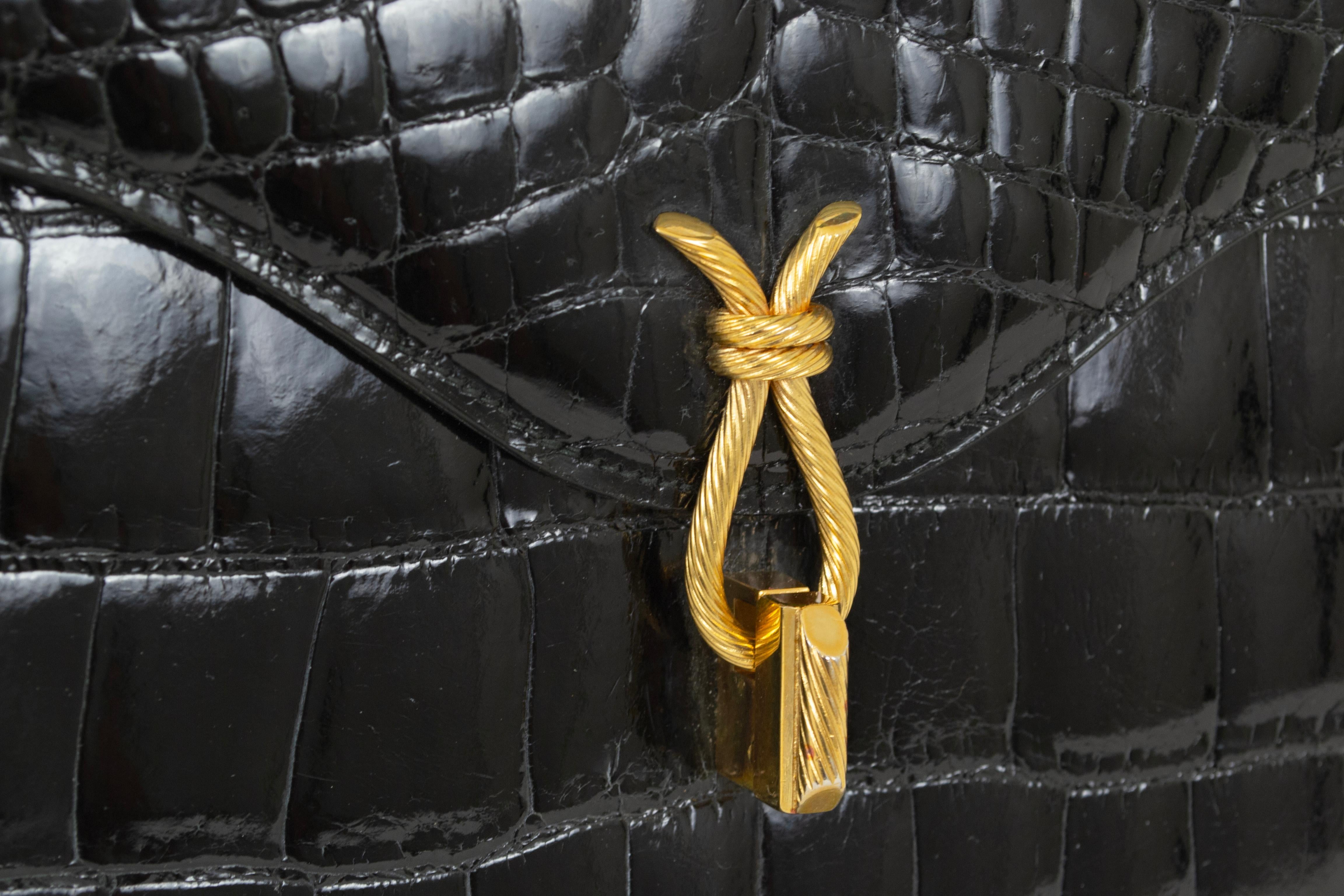 Neu Lucille de Paris Großer Schwarzer Glanz Krokodil Top Handle Bag - 14