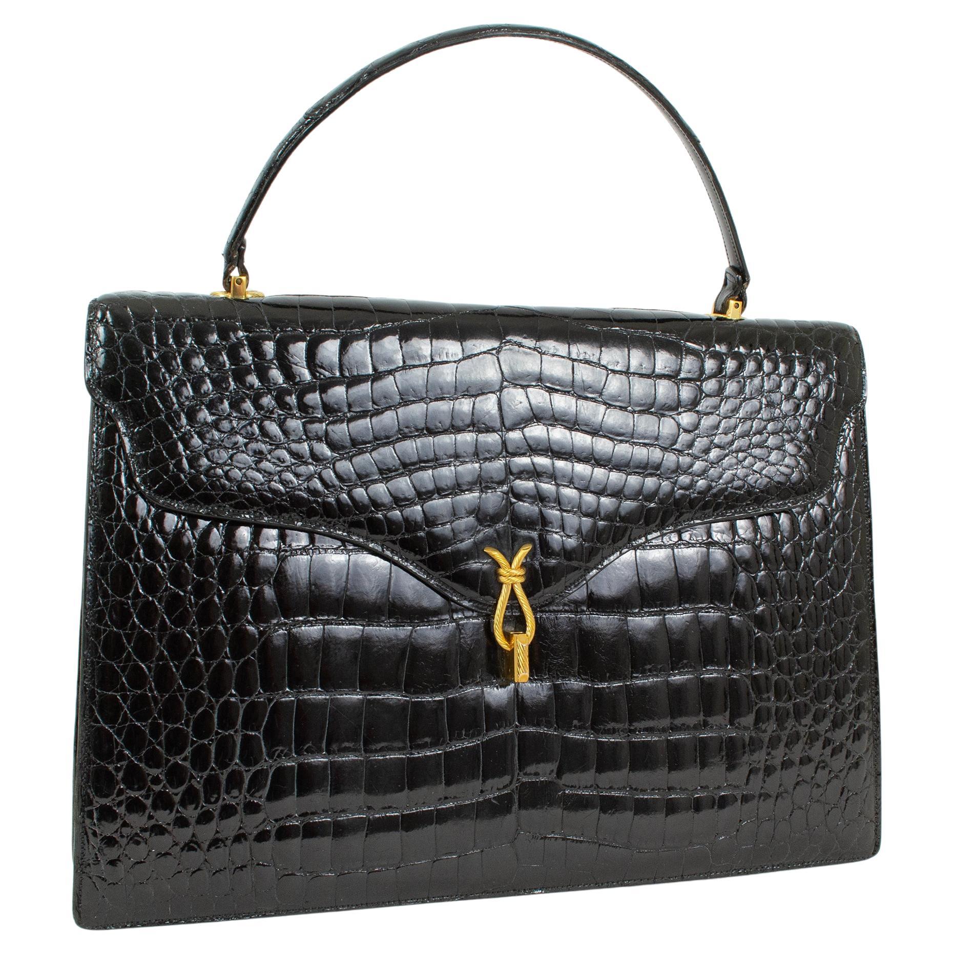 Neu Lucille de Paris Großer Schwarzer Glanz Krokodil Top Handle Bag - 14", 1950s