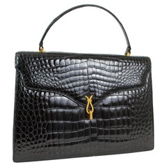 New Lucille de Paris Large Black Gloss Crocodile Top Handle Bag - 14”, 1950s